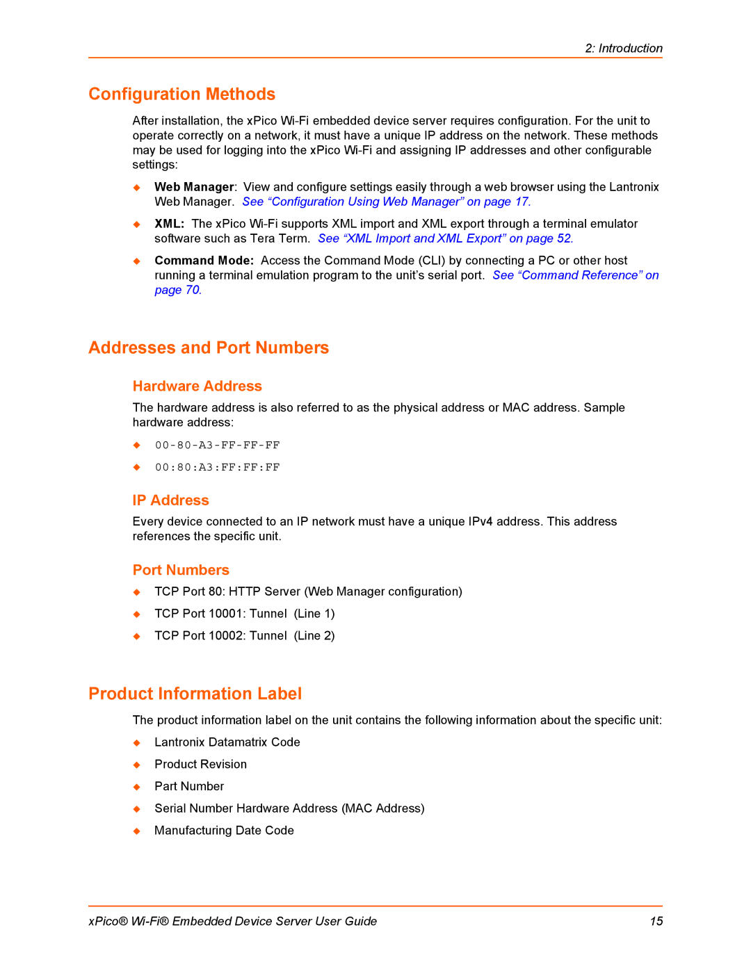 Lantronix 900-691-R manual Configuration Methods, Addresses and Port Numbers, Product Information Label 