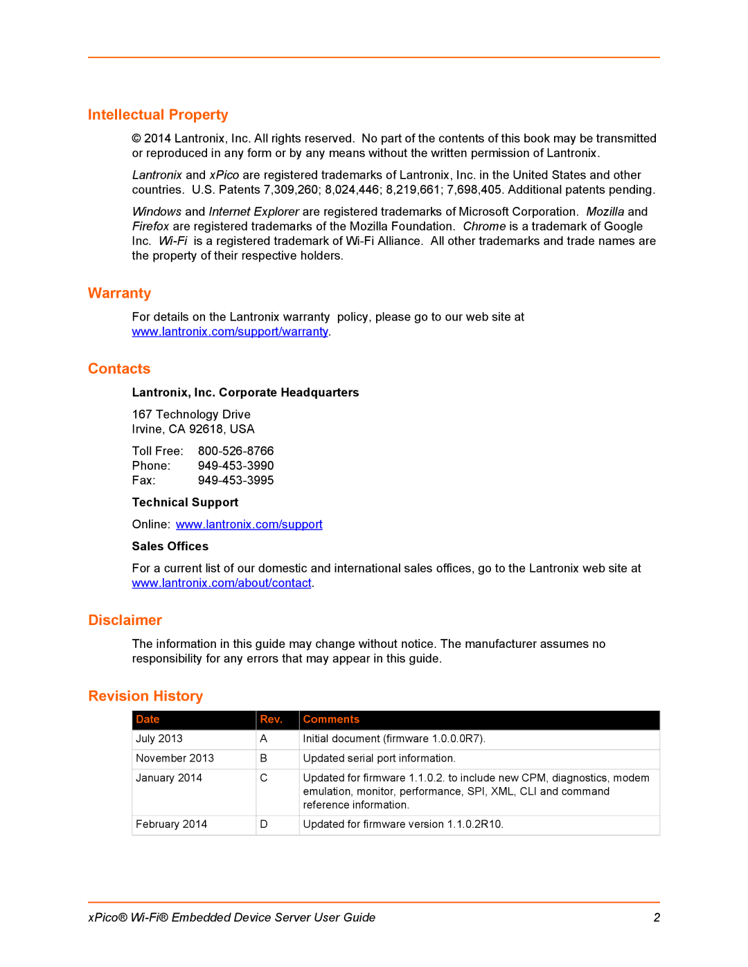 Lantronix 900-691-R manual Intellectual Property, Warranty, Contacts, Disclaimer, Revision History 