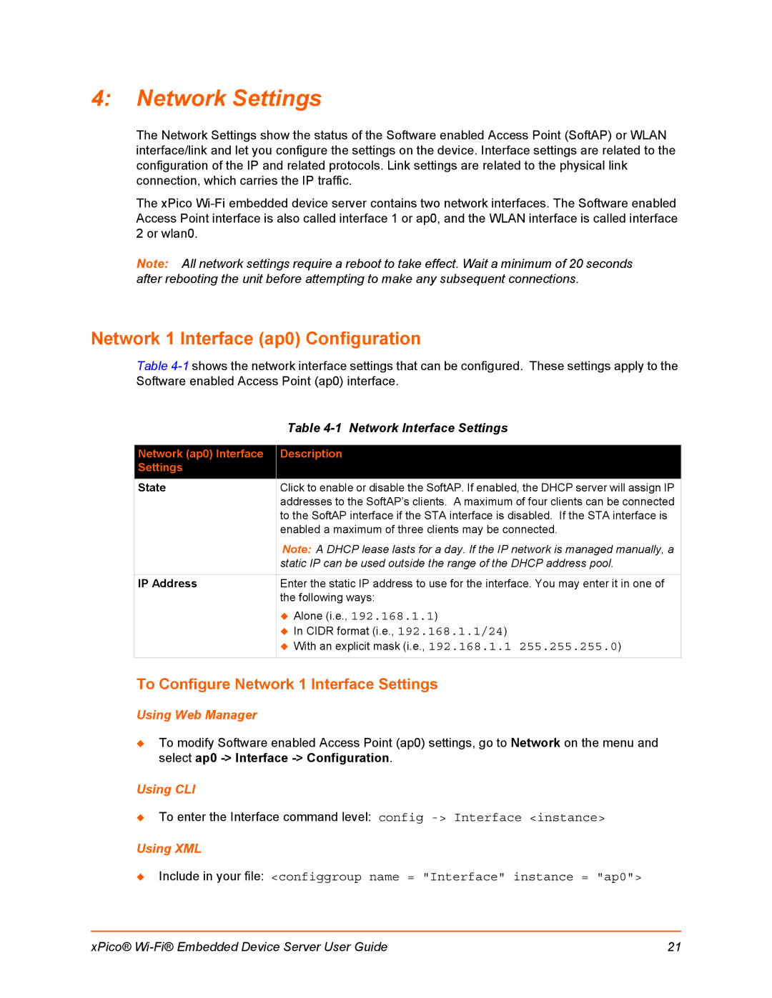 Lantronix 900-691-R Network Settings, Network 1 Interface ap0 Configuration, To Configure Network 1 Interface Settings 