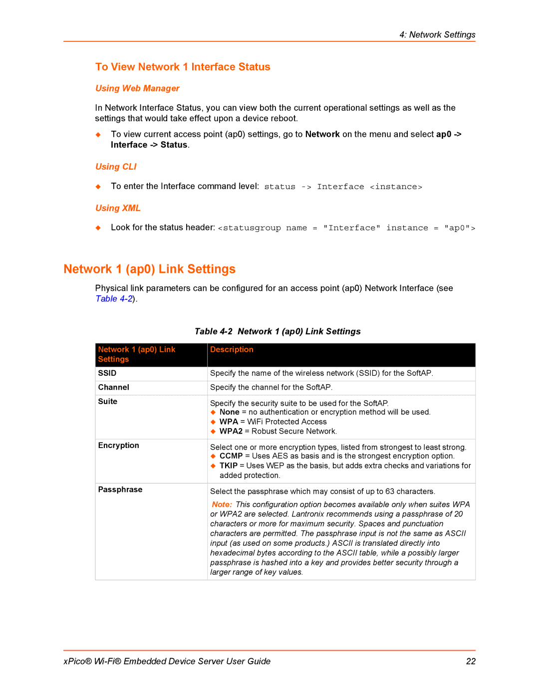 Lantronix 900-691-R manual Network 1 ap0 Link Settings, To View Network 1 Interface Status 