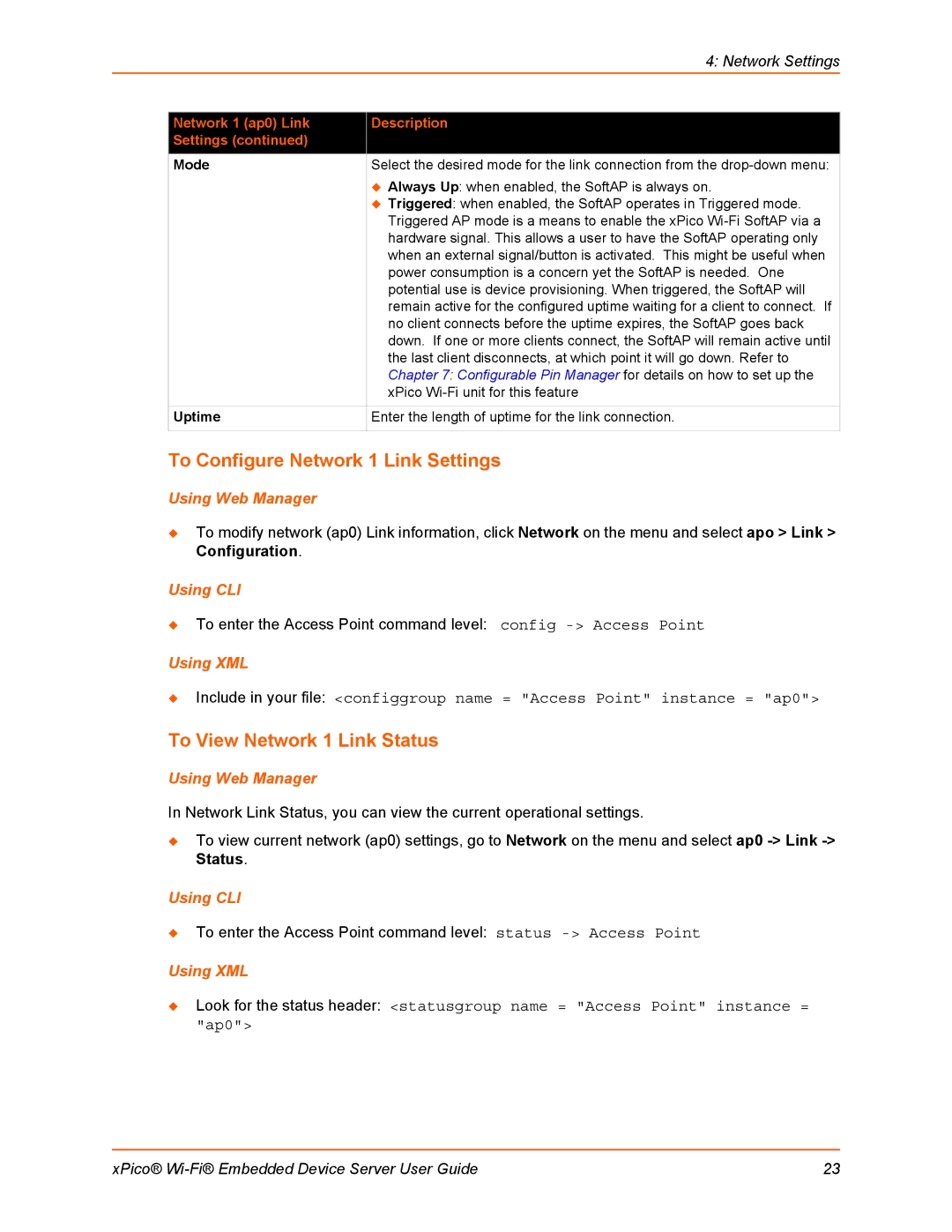 Lantronix 900-691-R manual To Configure Network 1 Link Settings, To View Network 1 Link Status, Mode, Uptime 