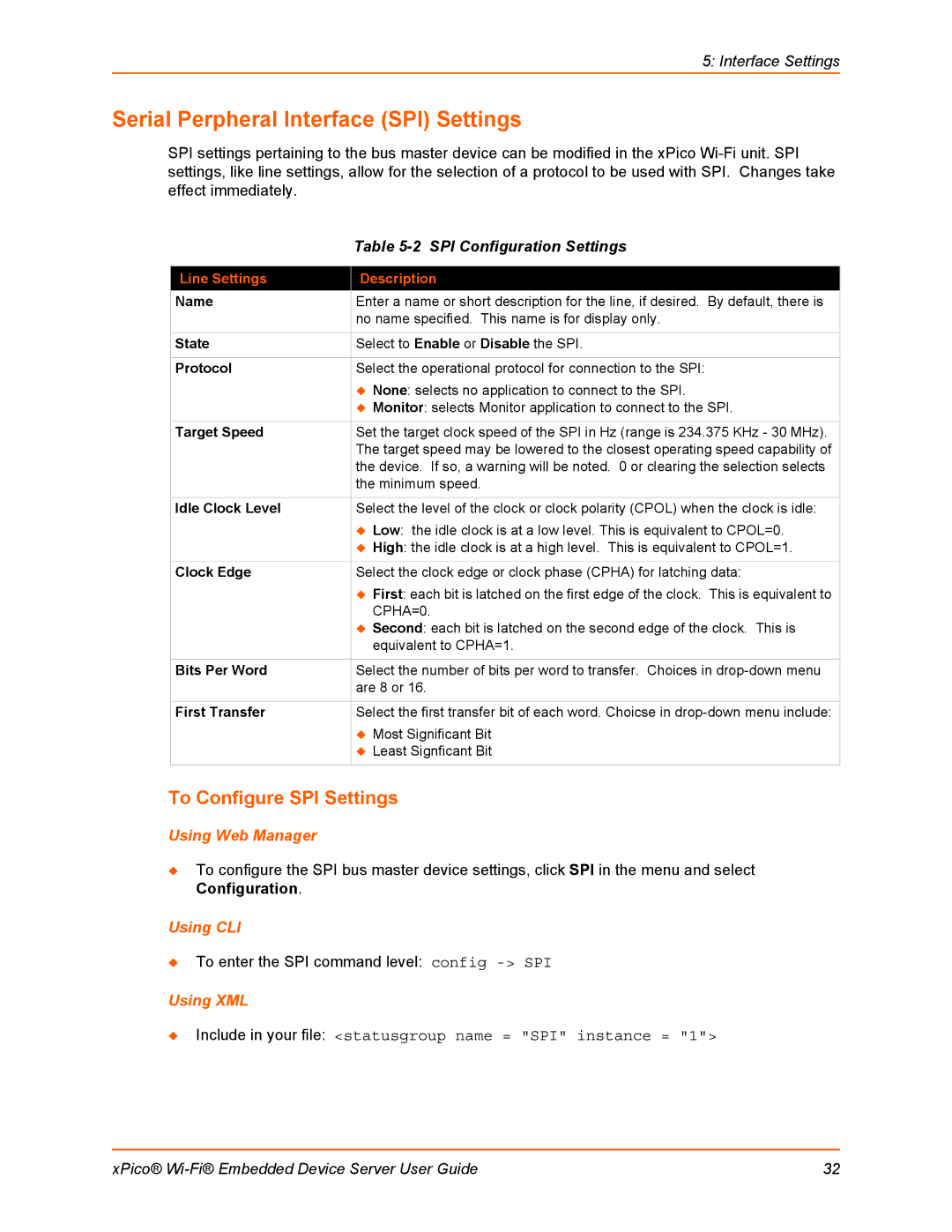 Lantronix 900-691-R manual Serial Perpheral Interface SPI Settings, To Configure SPI Settings, SPI Configuration Settings 