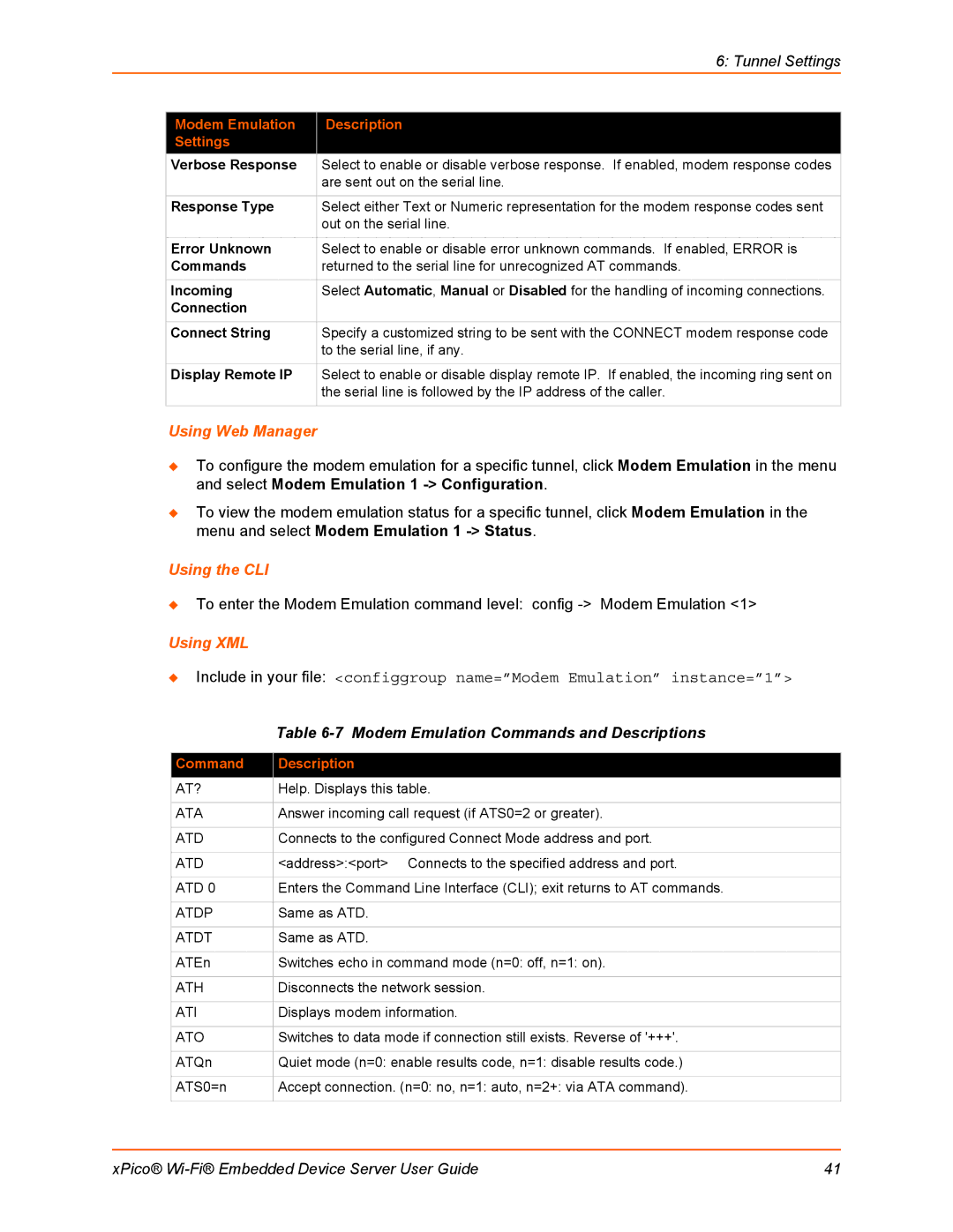 Lantronix 900-691-R manual Tunnel Settings, Modem Emulation Commands and Descriptions, Command Description 