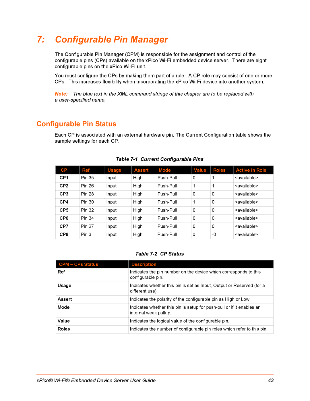 Lantronix 900-691-R manual Configurable Pin Manager, Configurable Pin Status, Current Configurable Pins, CP Status 