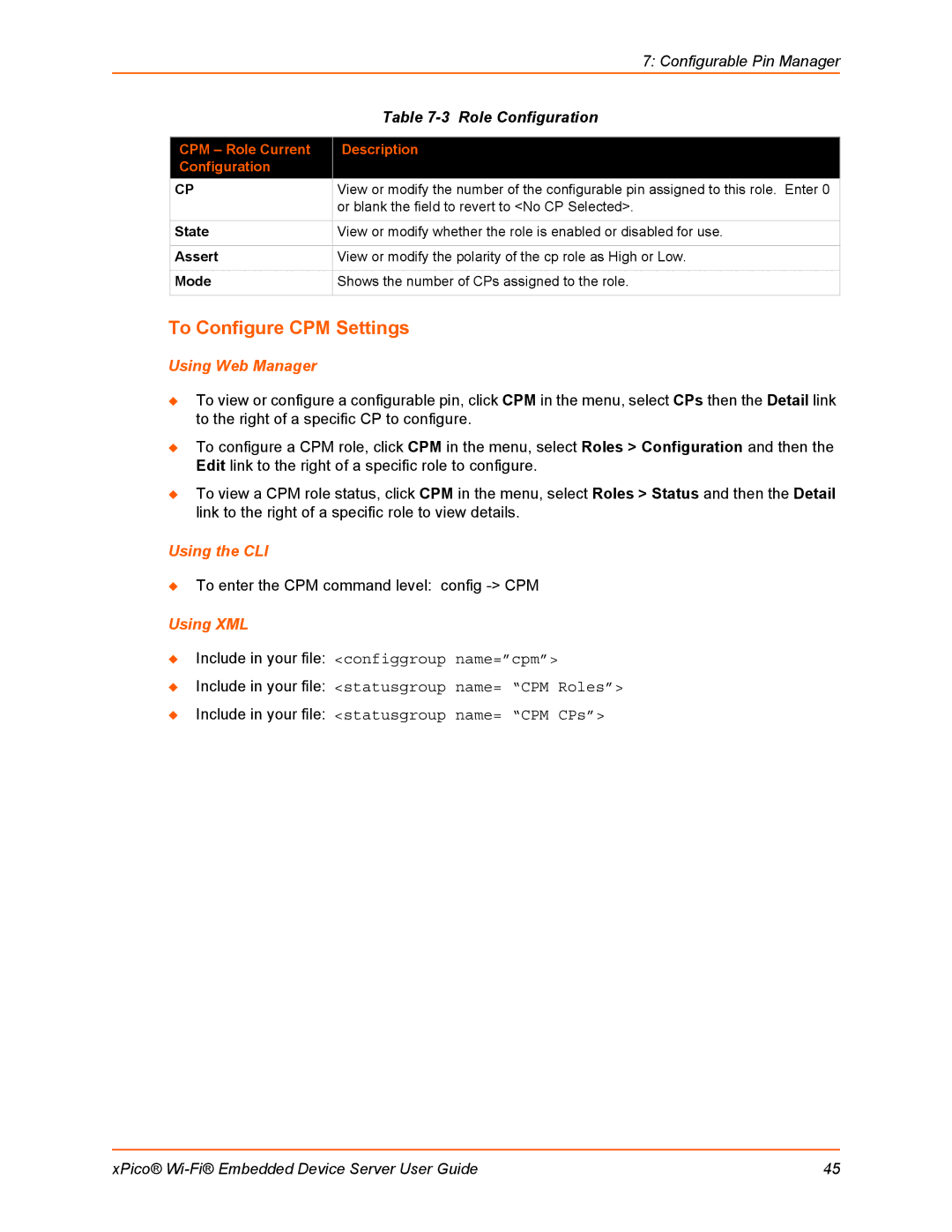 Lantronix 900-691-R manual To Configure CPM Settings, Role Configuration, CPM Role Current Description Configuration 