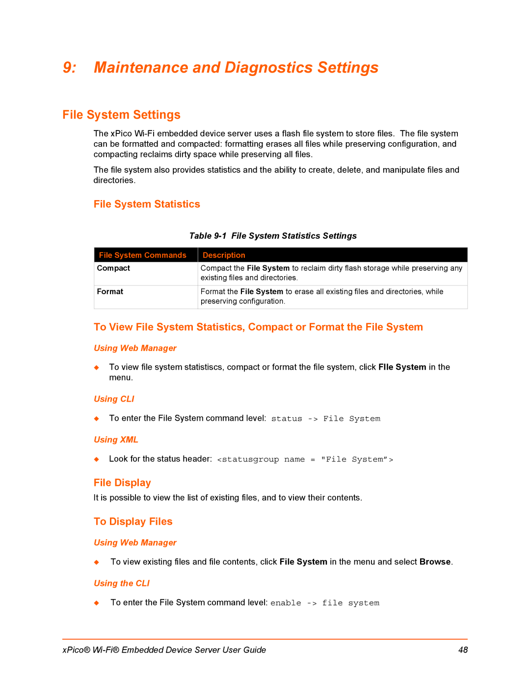 Lantronix 900-691-R manual Maintenance and Diagnostics Settings, File System Settings, File System Statistics, File Display 