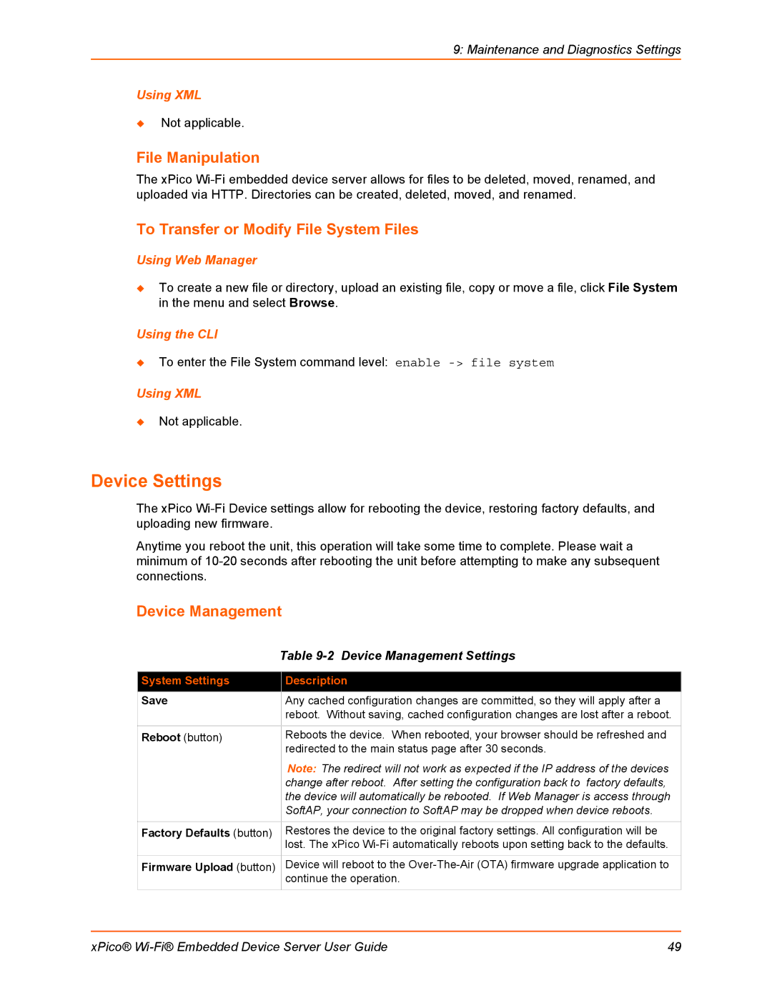 Lantronix 900-691-R manual Device Settings, File Manipulation, To Transfer or Modify File System Files, Device Management 