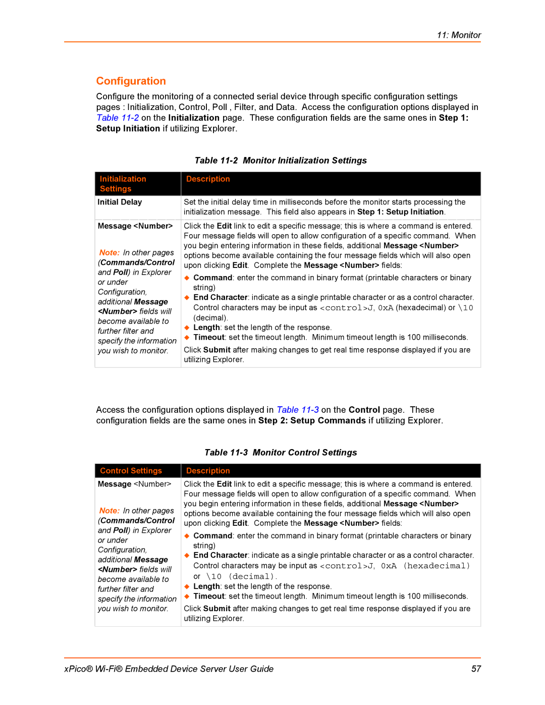 Lantronix 900-691-R Configuration, Monitor Initialization Settings, Monitor Control Settings, Control Settings Description 