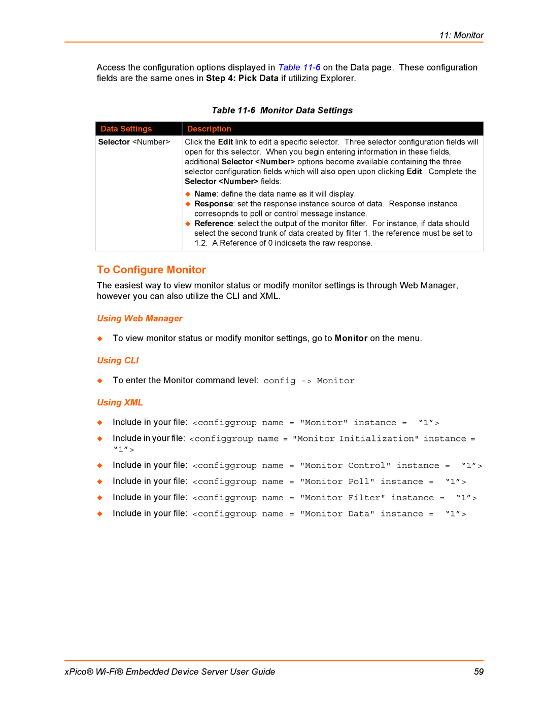 Lantronix 900-691-R manual To Configure Monitor, Monitor Data Settings, Data Settings Description, Selector Number 