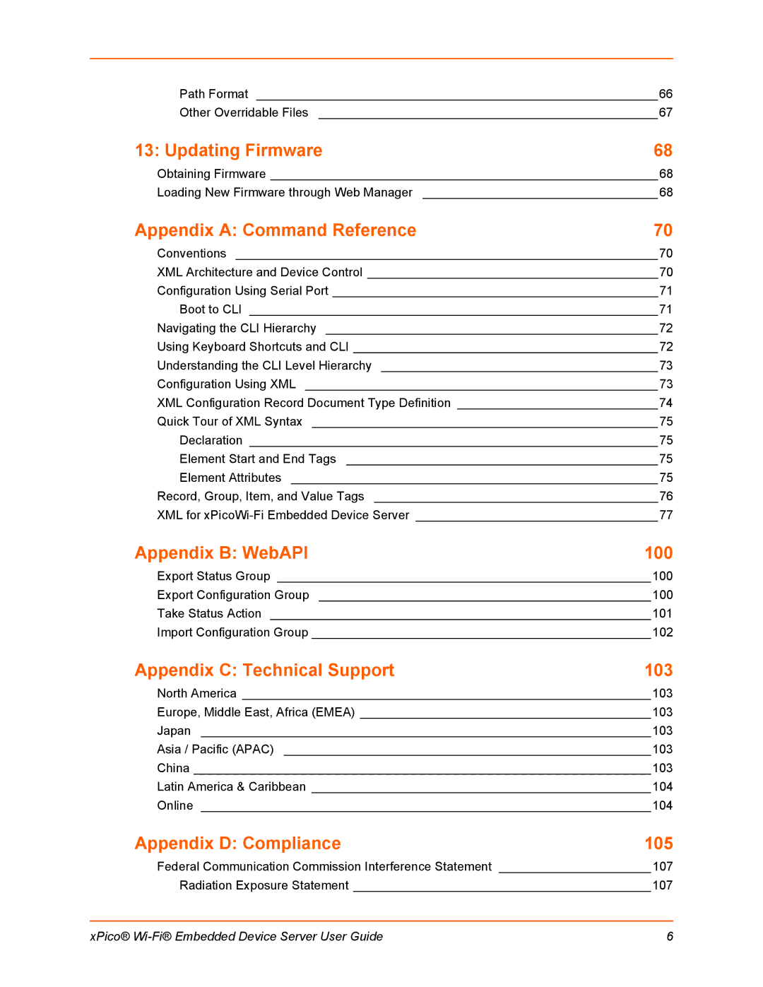 Lantronix 900-691-R manual Updating Firmware, Appendix B WebAPI 100, Appendix C Technical Support 103, 105 