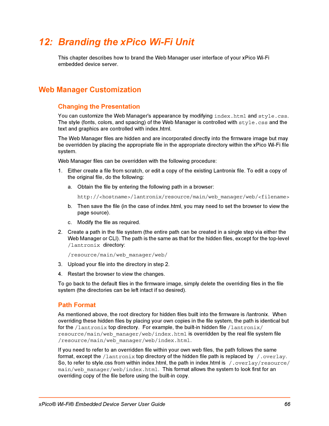 Lantronix 900-691-R manual Branding the xPico Wi-Fi Unit, Web Manager Customization, Changing the Presentation, Path Format 