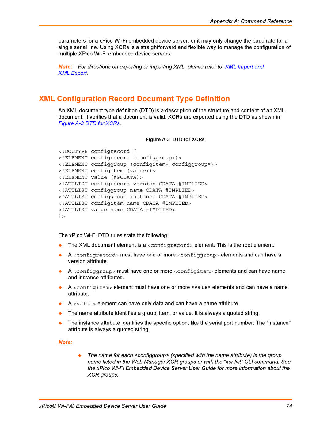 Lantronix 900-691-R manual XML Configuration Record Document Type Definition, Figure A-3 DTD for XCRs 