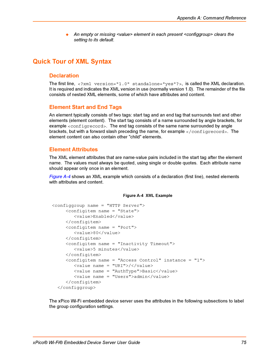 Lantronix 900-691-R manual Quick Tour of XML Syntax, Declaration, Element Start and End Tags, Element Attributes 