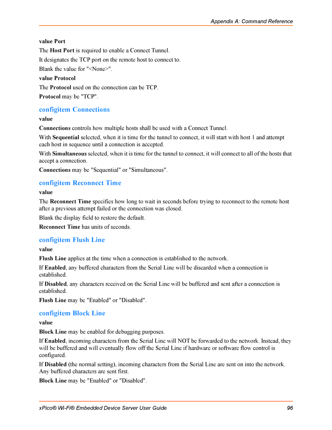 Lantronix 900-691-R manual Configitem Connections, Configitem Reconnect Time, Value Port, Value Protocol 