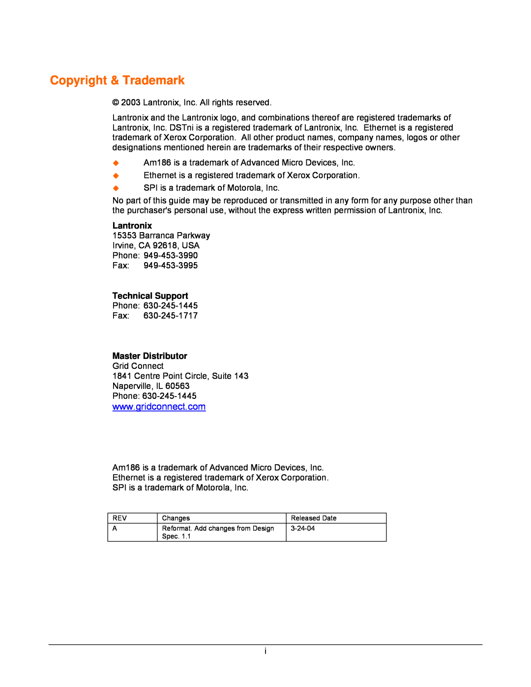 Lantronix DSTni-EX manual Copyright & Trademark, Lantronix, Technical Support, Master Distributor 