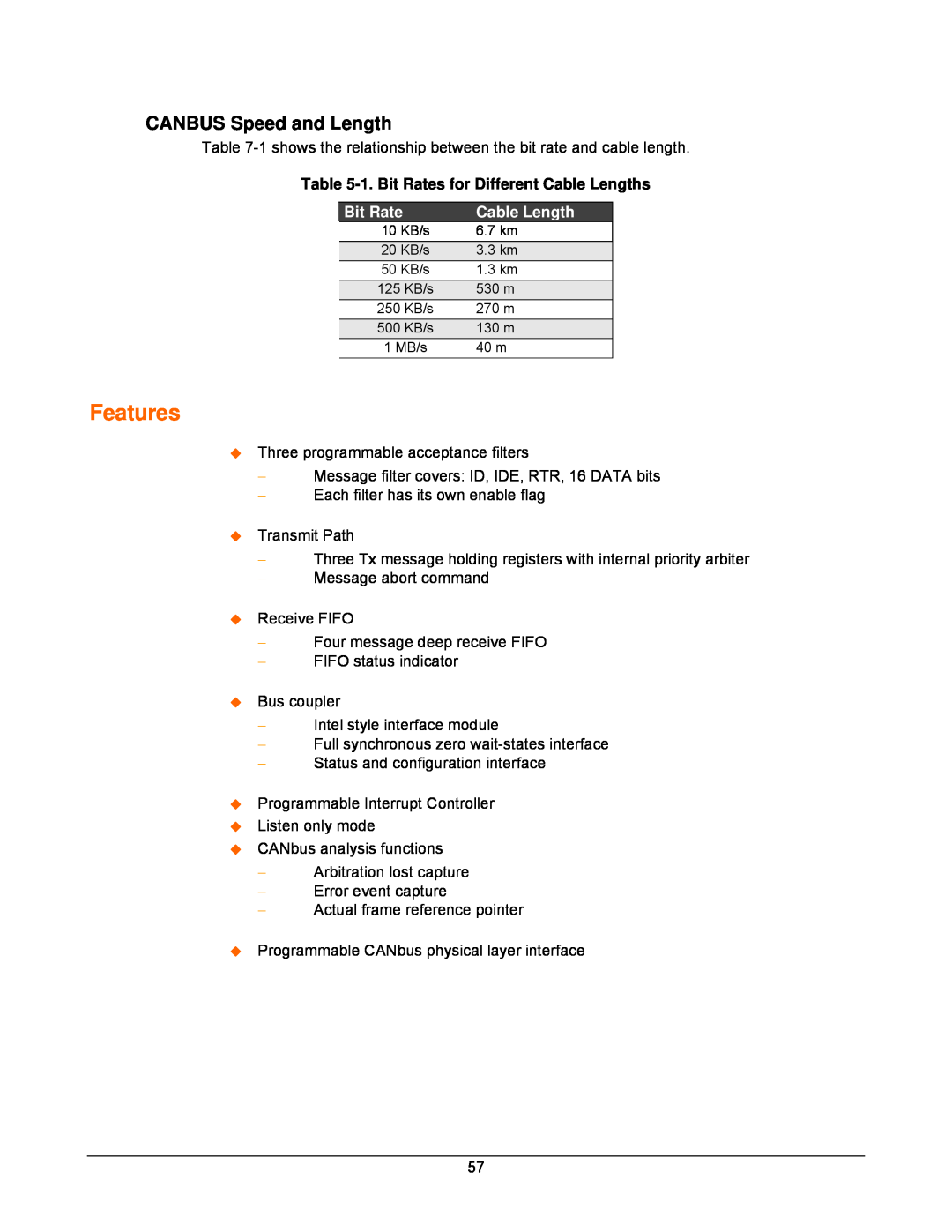 Lantronix DSTni-EX manual CANBUS Speed and Length, Features, 1. Bit Rates for Different Cable Lengths 