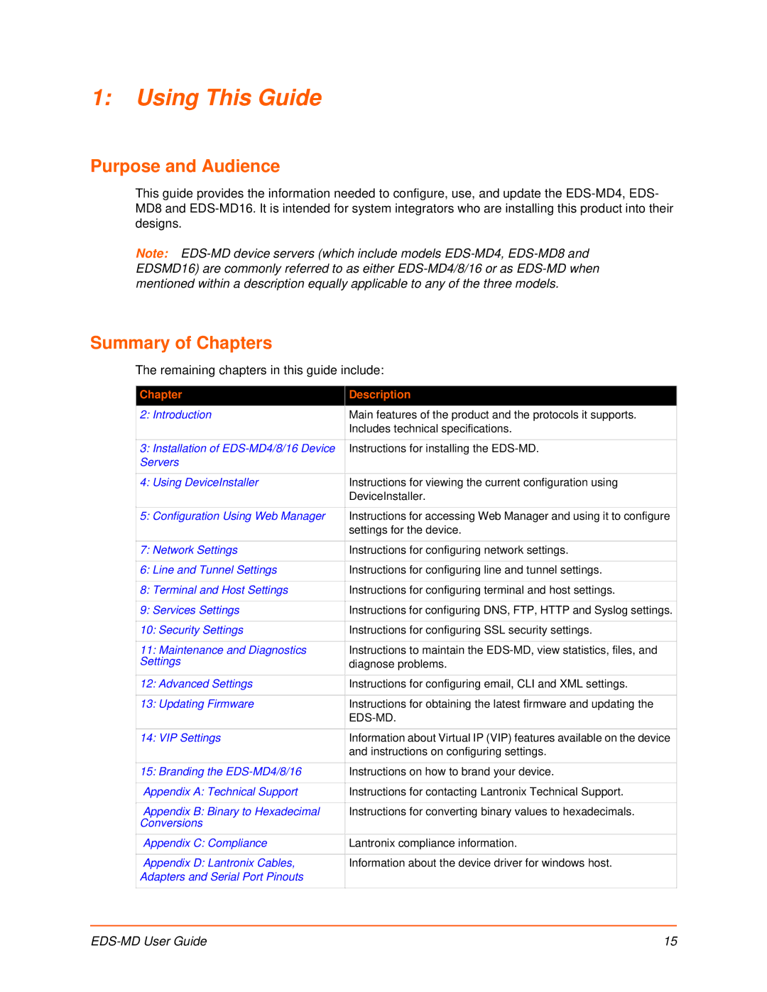 Lantronix EDS-MD8, EDS-MD16, EDS-MD4 manual Using This Guide, Purpose and Audience, Summary of Chapters 