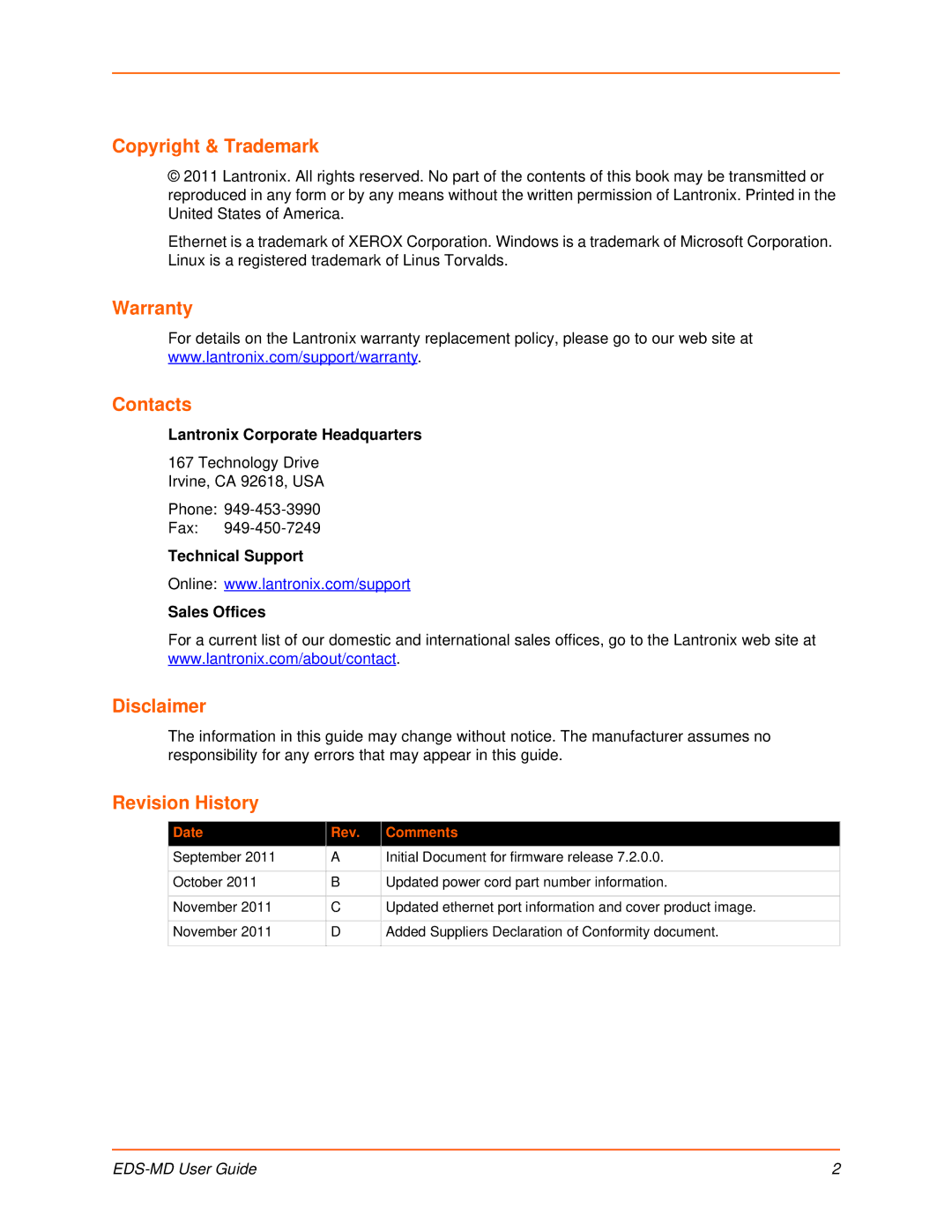 Lantronix EDS-MD4, EDS-MD8 manual Copyright & Trademark, Warranty Contacts, Disclaimer, Revision History, Date Rev Comments 