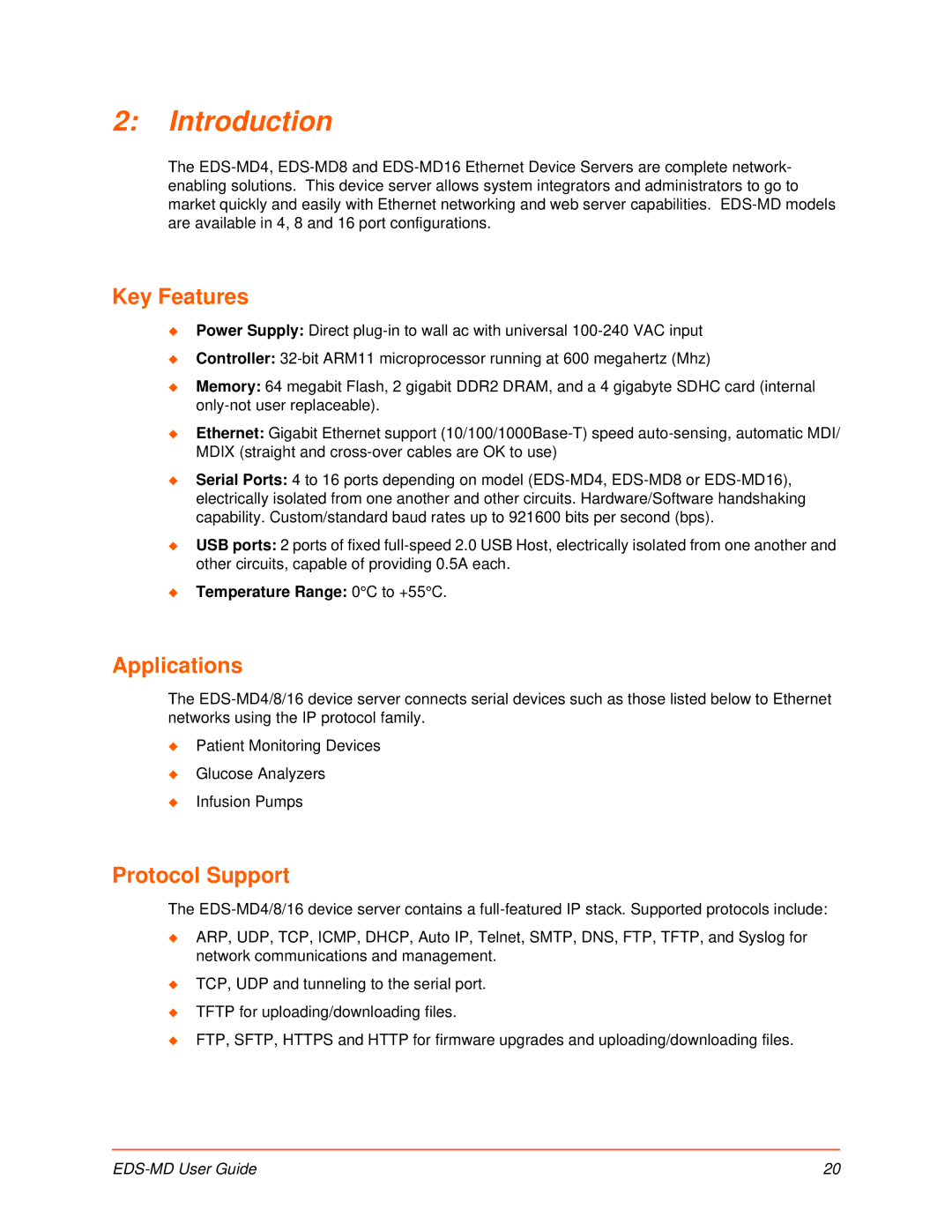 Lantronix EDS-MD4, EDS-MD8, EDS-MD16 manual Introduction, Key Features, Applications, Protocol Support 