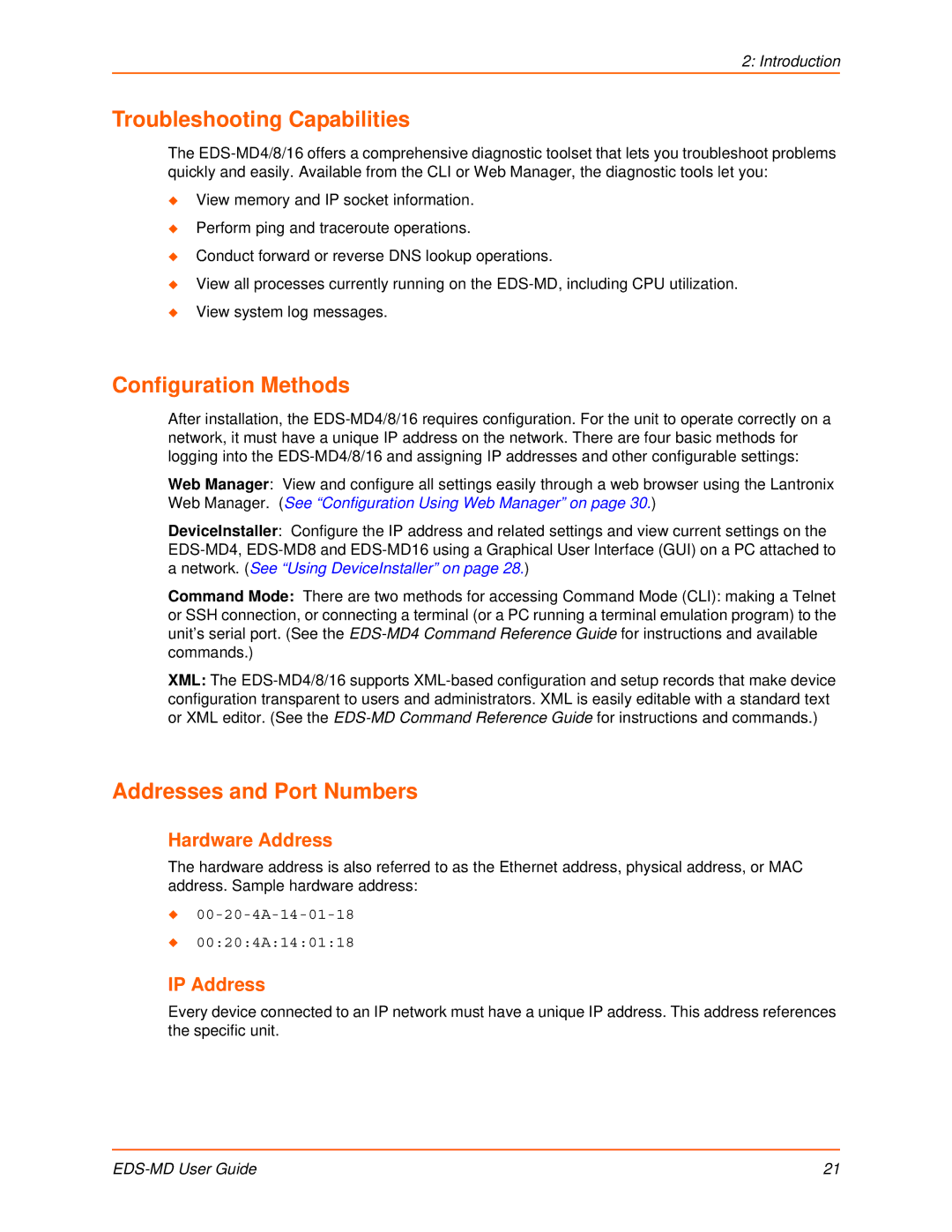 Lantronix EDS-MD8 manual Troubleshooting Capabilities, Configuration Methods, Addresses and Port Numbers, Hardware Address 