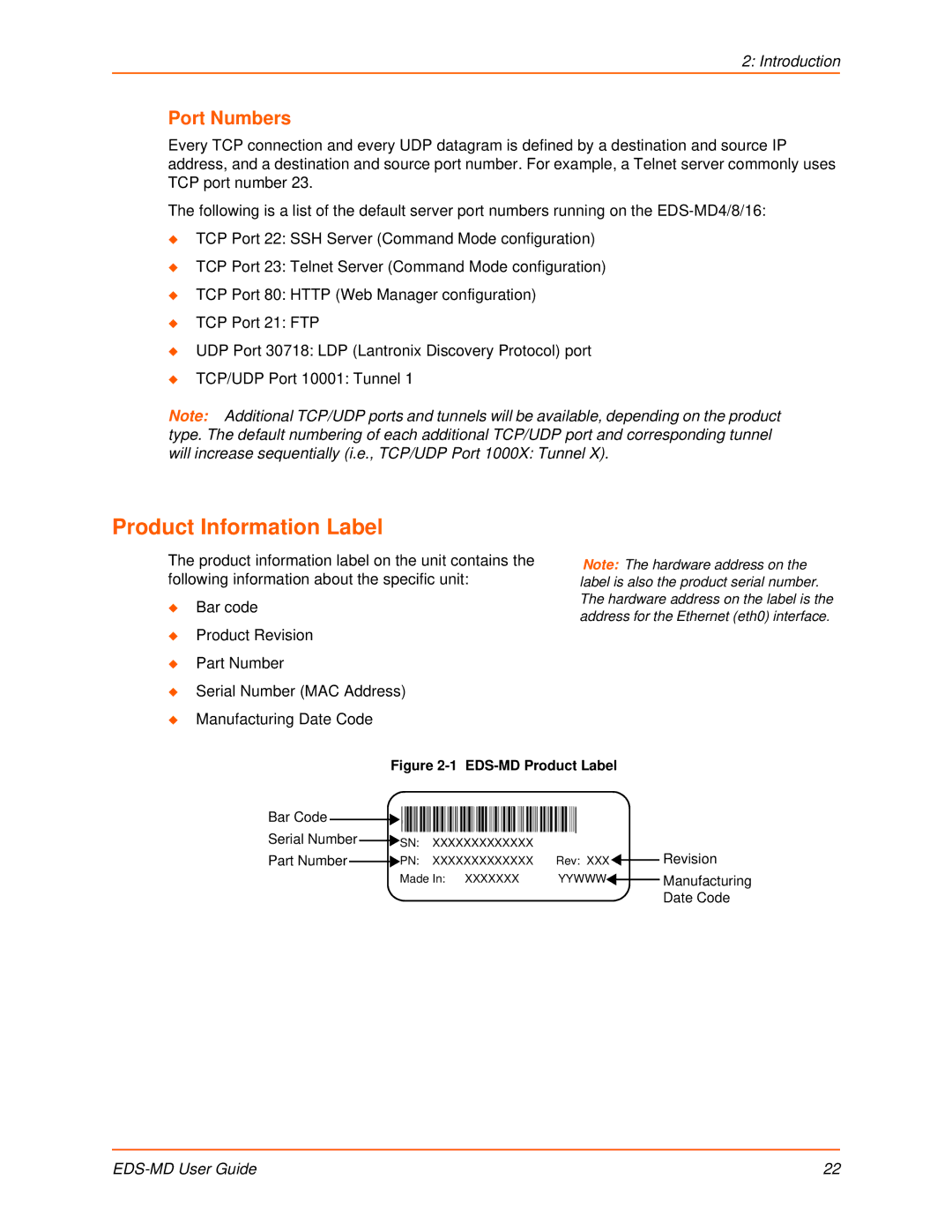 Lantronix EDS-MD16, EDS-MD8, EDS-MD4 manual Product Information Label, Port Numbers 