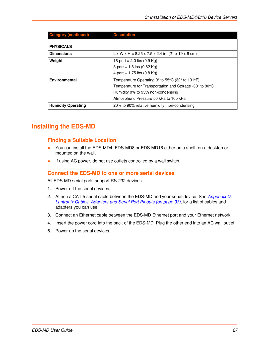 Lantronix EDS-MD8 Installing the EDS-MD, Finding a Suitable Location, Connect the EDS-MD to one or more serial devices 