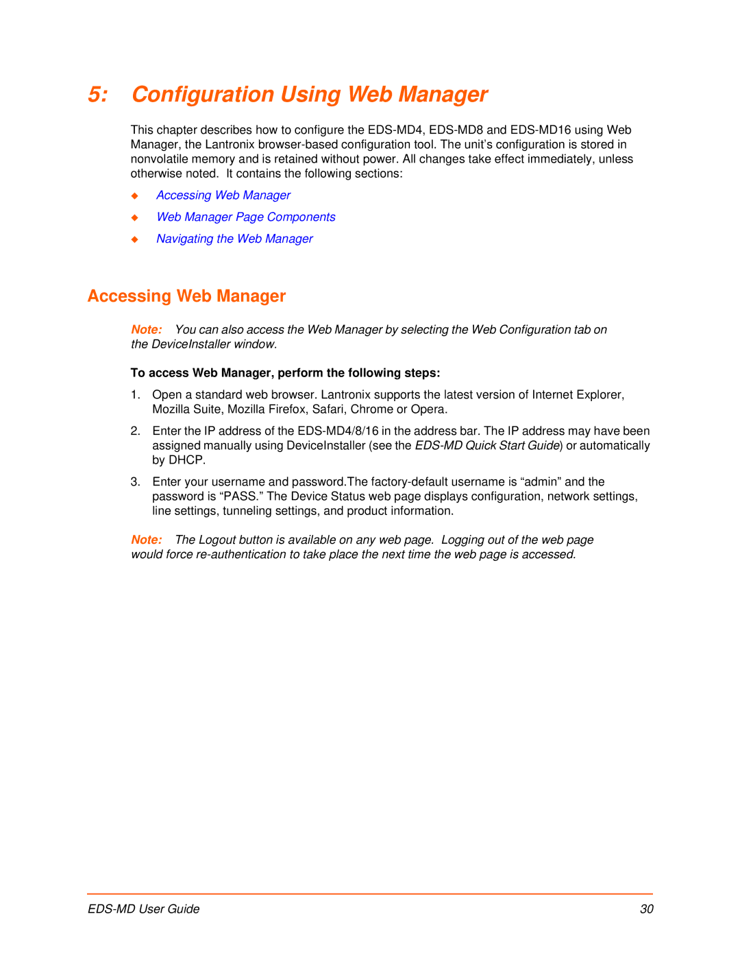 Lantronix EDS-MD8, EDS-MD16, EDS-MD4 manual Configuration Using Web Manager, Accessing Web Manager 
