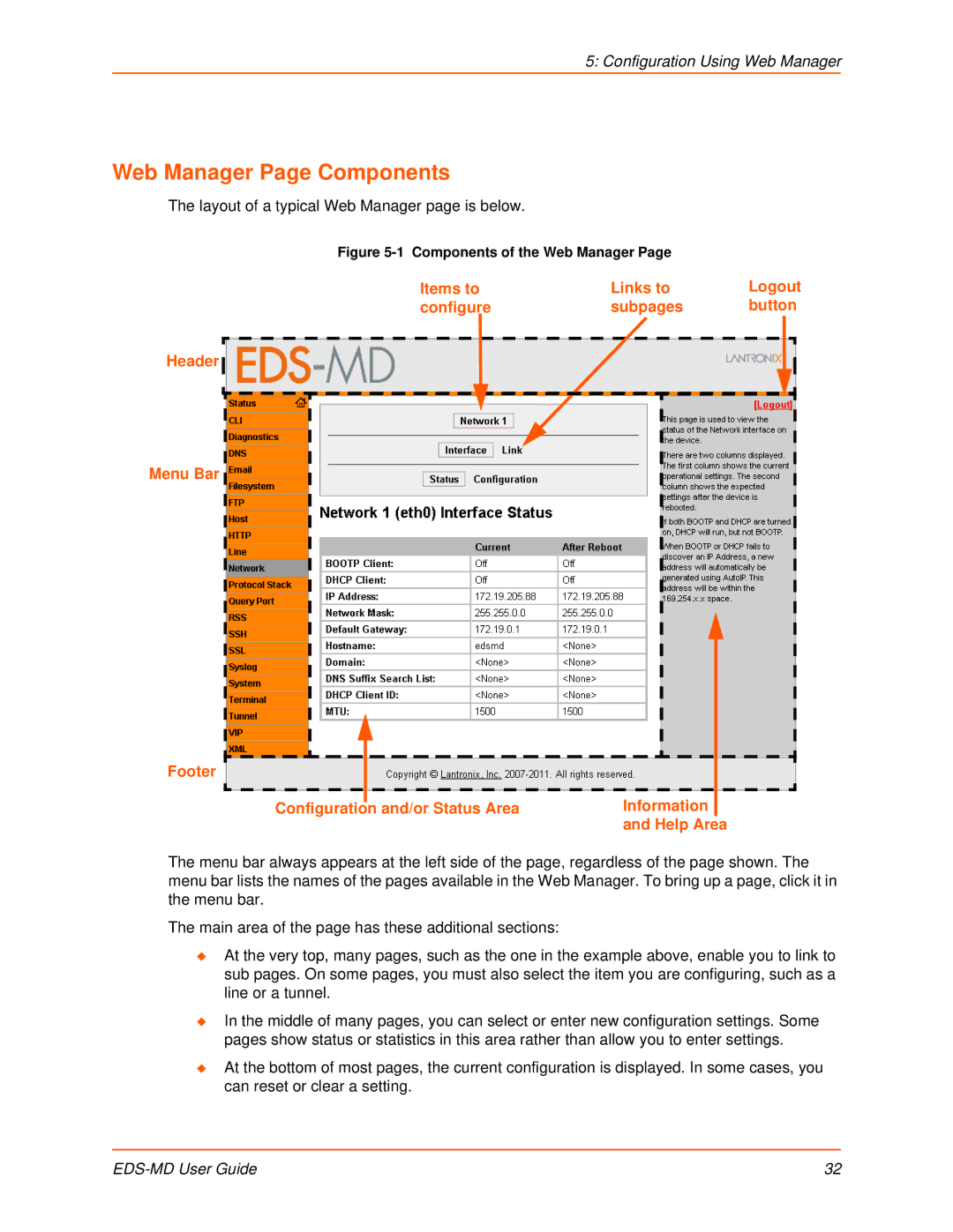 Lantronix EDS-MD4, EDS-MD8, EDS-MD16 manual Web Manager Page Components, Help Area 