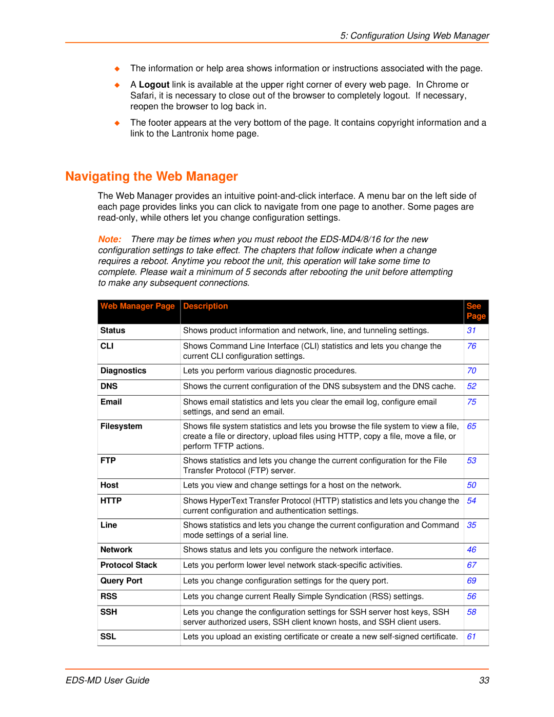 Lantronix EDS-MD8, EDS-MD16, EDS-MD4 manual Navigating the Web Manager, Web Manager Description See 