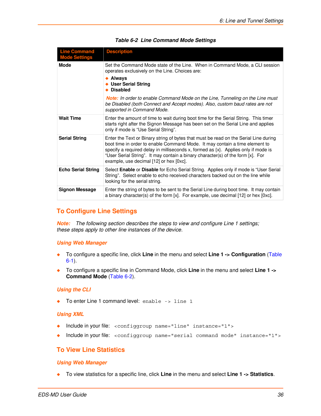 Lantronix EDS-MD8, EDS-MD16, EDS-MD4 manual To Configure Line Settings, To View Line Statistics, Line Command Mode Settings 