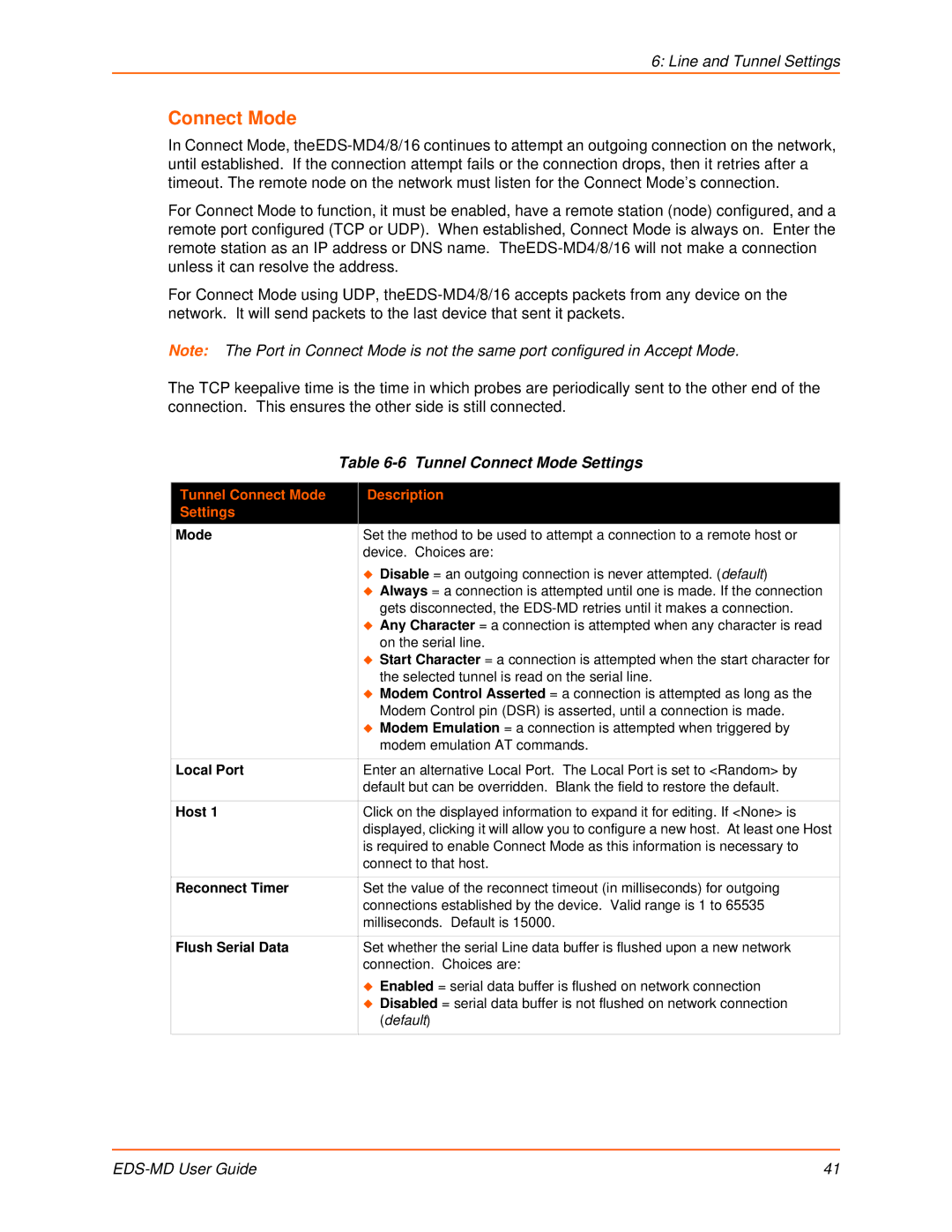 Lantronix EDS-MD4, EDS-MD8 Tunnel Connect Mode Settings, Tunnel Connect Mode Description Settings, Reconnect Timer 