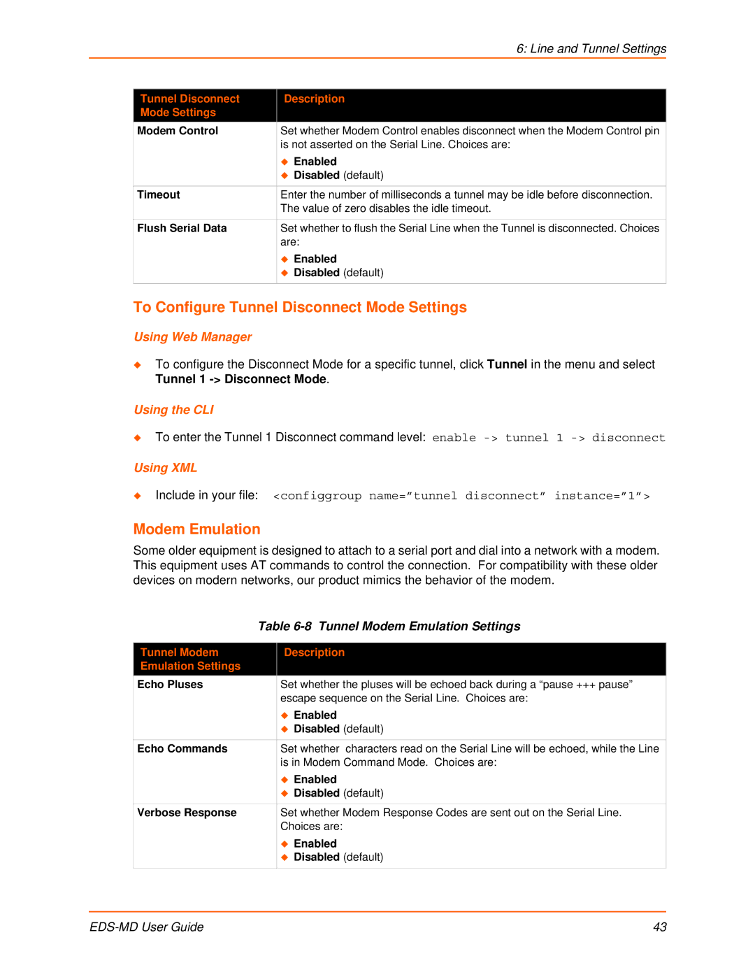 Lantronix EDS-MD16, EDS-MD8 manual To Configure Tunnel Disconnect Mode Settings, Modem Emulation, Line and Tunnel Settings 