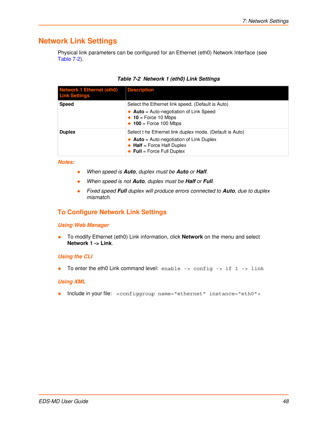 Lantronix EDS-MD8, EDS-MD16, EDS-MD4 manual To Configure Network Link Settings, Network 1 eth0 Link Settings 