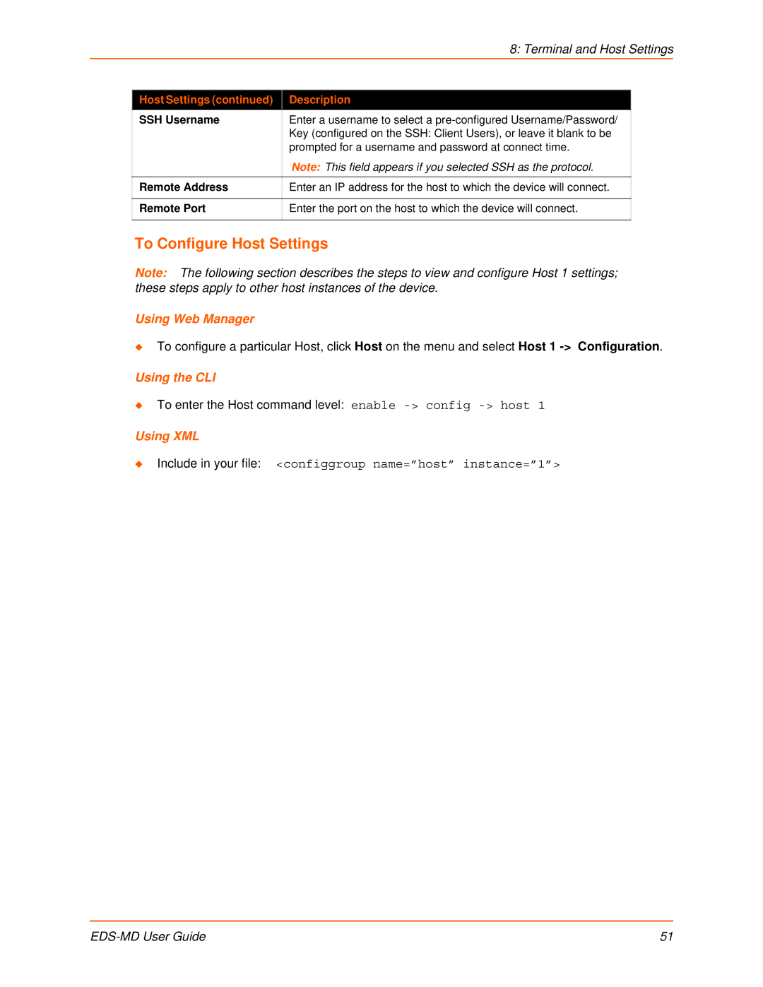 Lantronix EDS-MD8, EDS-MD16, EDS-MD4 manual To Configure Host Settings, SSH Username, Remote Address, Remote Port 