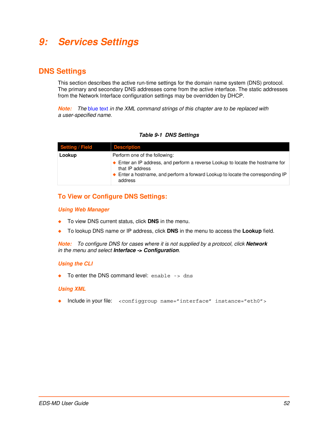 Lantronix EDS-MD16, EDS-MD8, EDS-MD4 Services Settings, To View or Configure DNS Settings, Setting / Field Description 