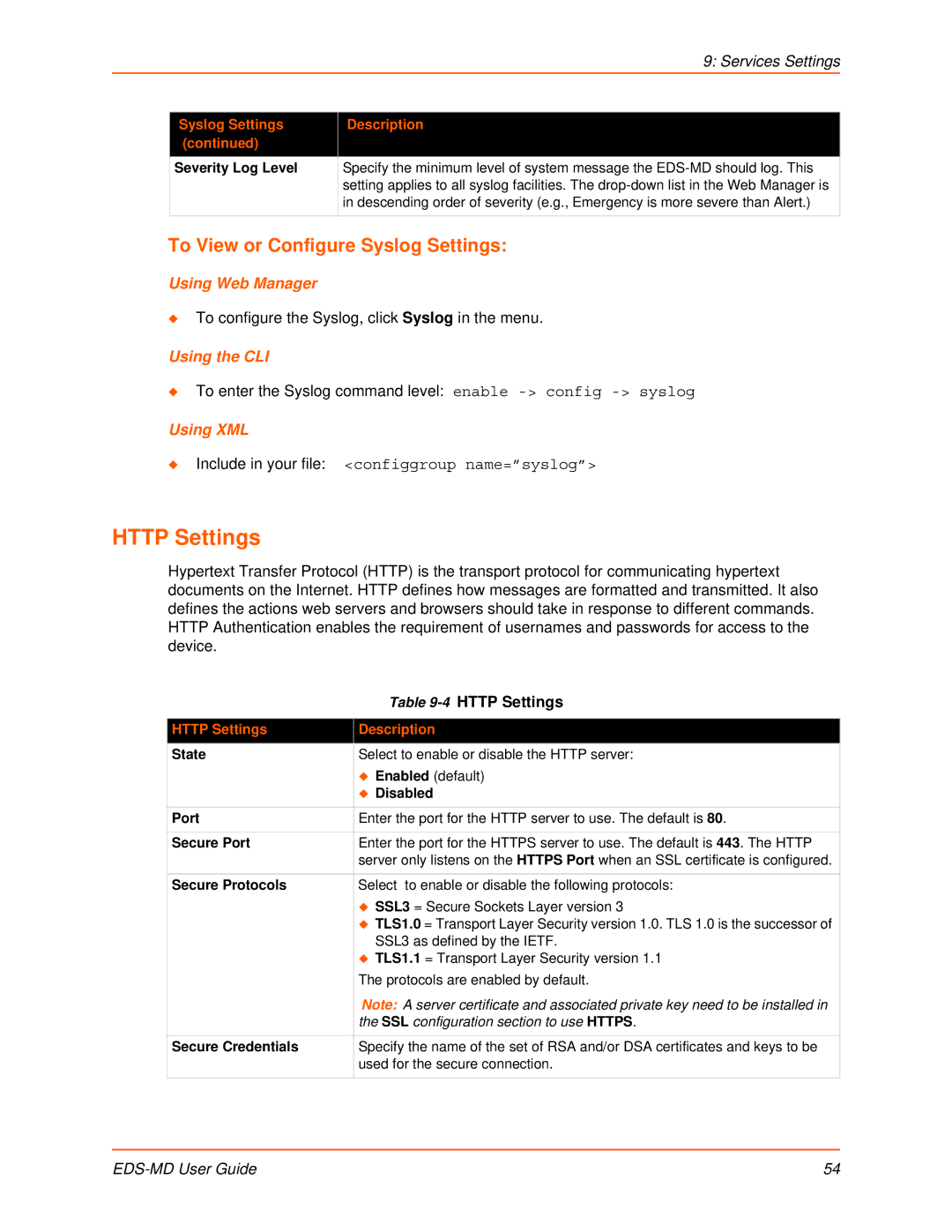 Lantronix EDS-MD8, EDS-MD16, EDS-MD4 manual To View or Configure Syslog Settings, Http Settings Description 