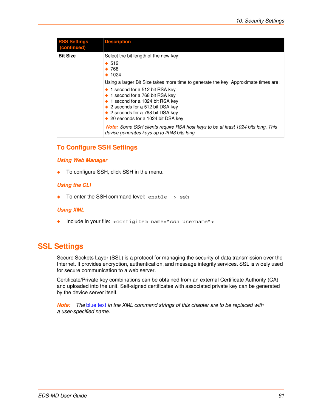 Lantronix EDS-MD16, EDS-MD8, EDS-MD4 manual SSL Settings, To Configure SSH Settings 