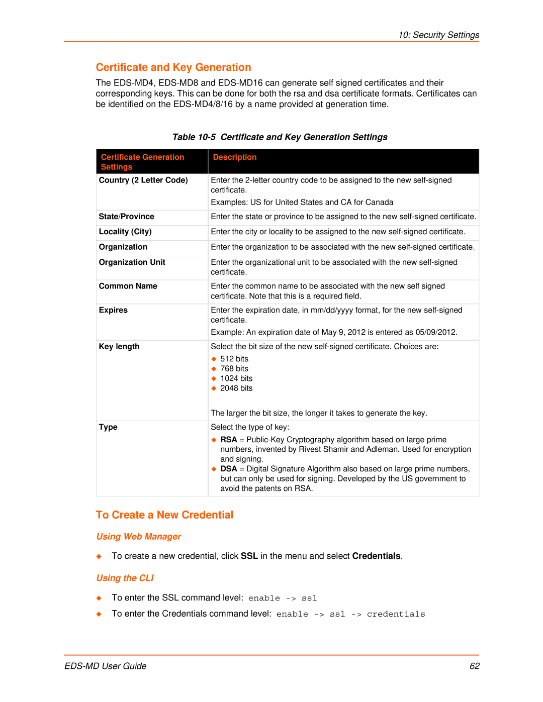 Lantronix EDS-MD4, EDS-MD8, EDS-MD16 manual To Create a New Credential, Certificate and Key Generation Settings 