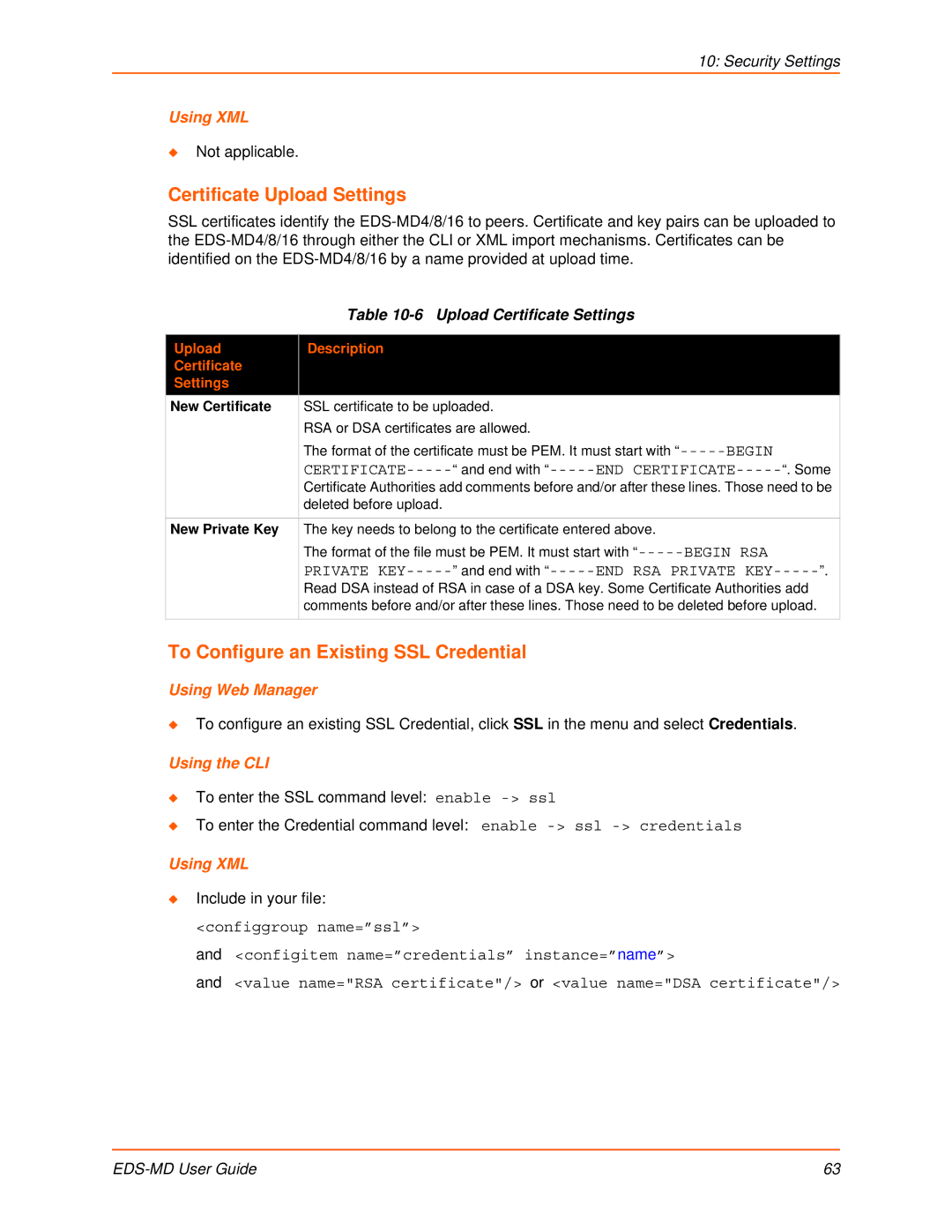 Lantronix EDS-MD8 manual Certificate Upload Settings, To Configure an Existing SSL Credential, Upload Certificate Settings 