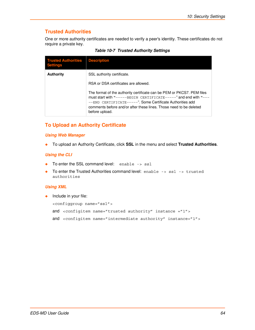 Lantronix EDS-MD16, EDS-MD8, EDS-MD4 Trusted Authorities, To Upload an Authority Certificate, Trusted Authority Settings 