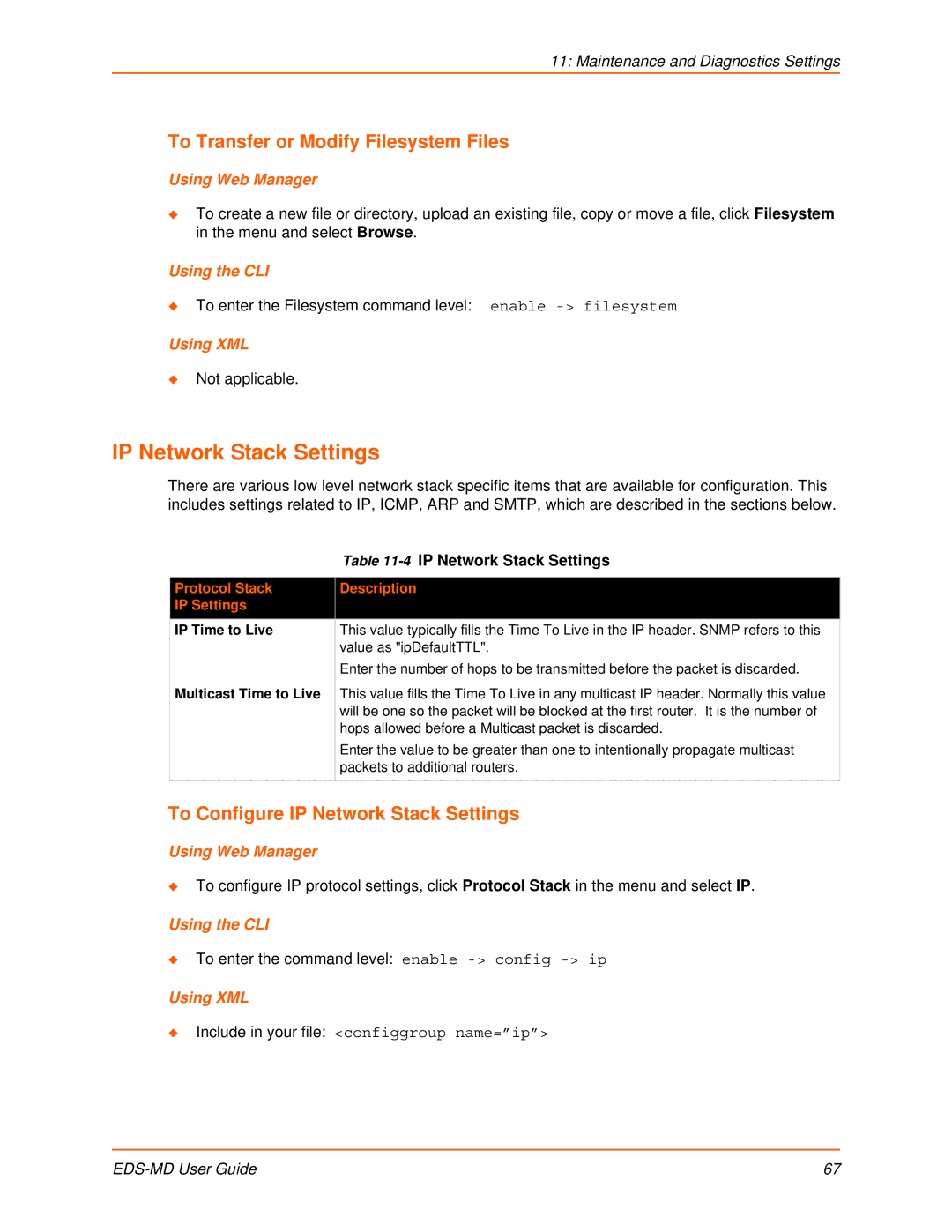 Lantronix EDS-MD16, EDS-MD8, EDS-MD4 manual IP Network Stack Settings, To Transfer or Modify Filesystem Files 