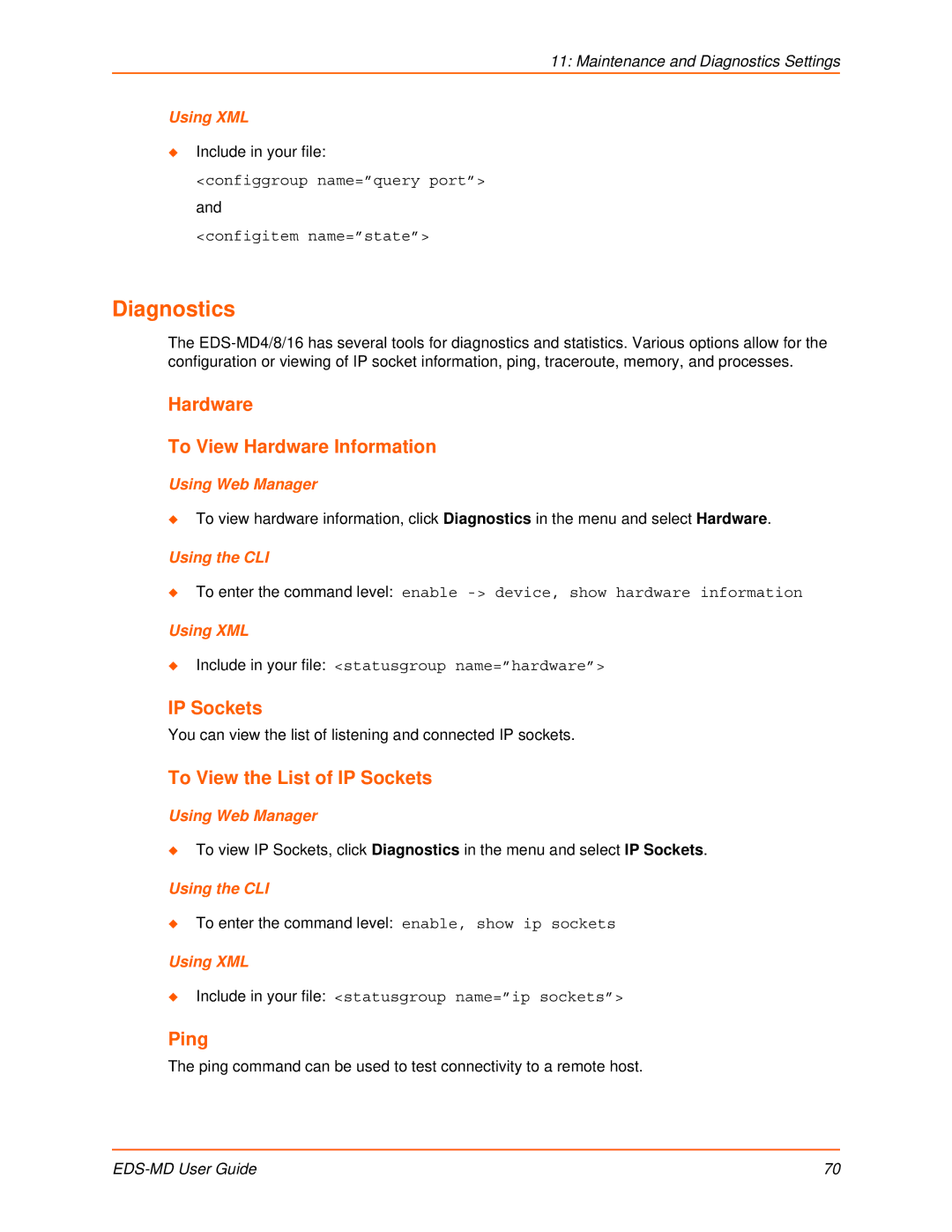 Lantronix EDS-MD16, EDS-MD8 Diagnostics, Hardware To View Hardware Information, To View the List of IP Sockets, Ping 