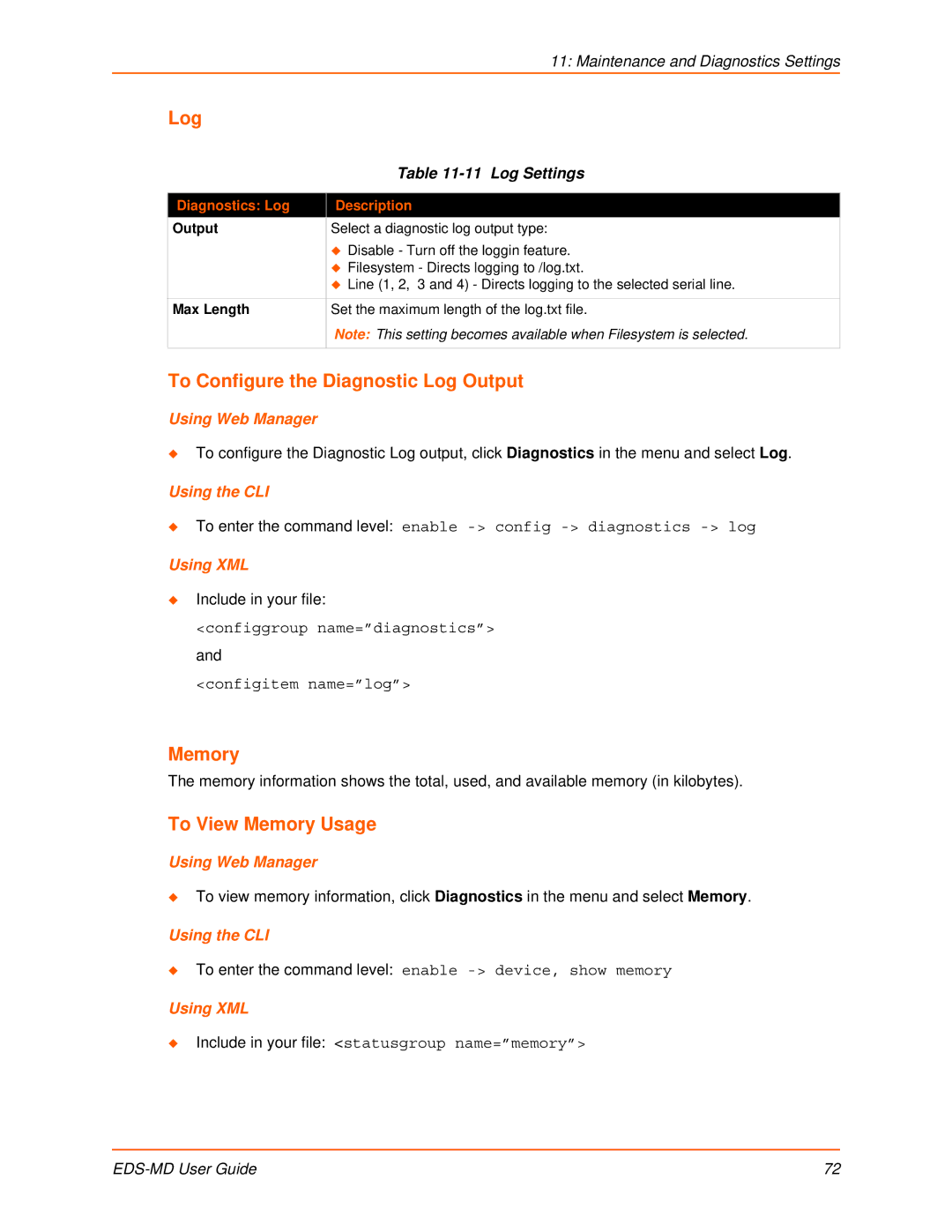 Lantronix EDS-MD8, EDS-MD16, EDS-MD4 To Configure the Diagnostic Log Output, To View Memory Usage, Log Settings 