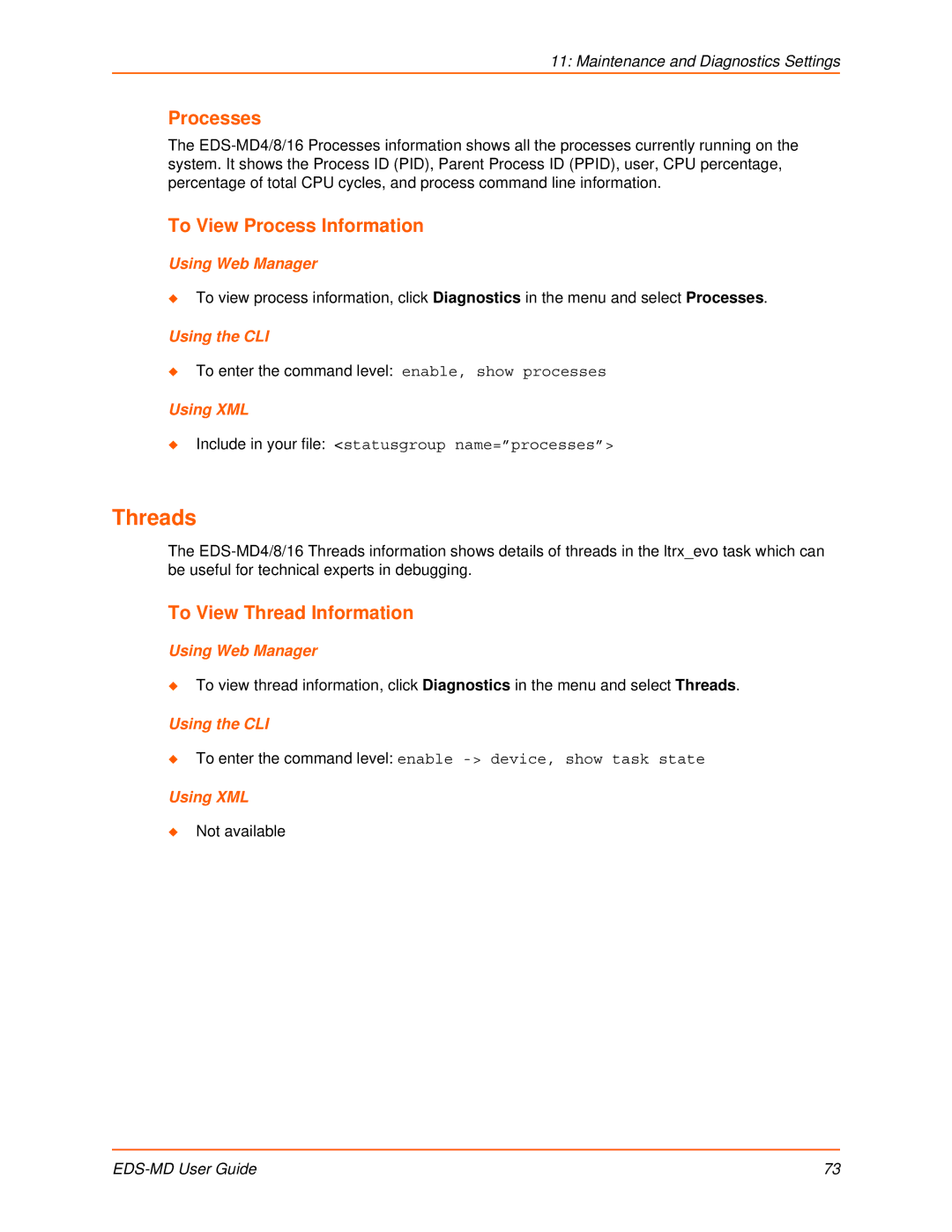 Lantronix EDS-MD16, EDS-MD8, EDS-MD4 manual Threads, Processes, To View Process Information, To View Thread Information 