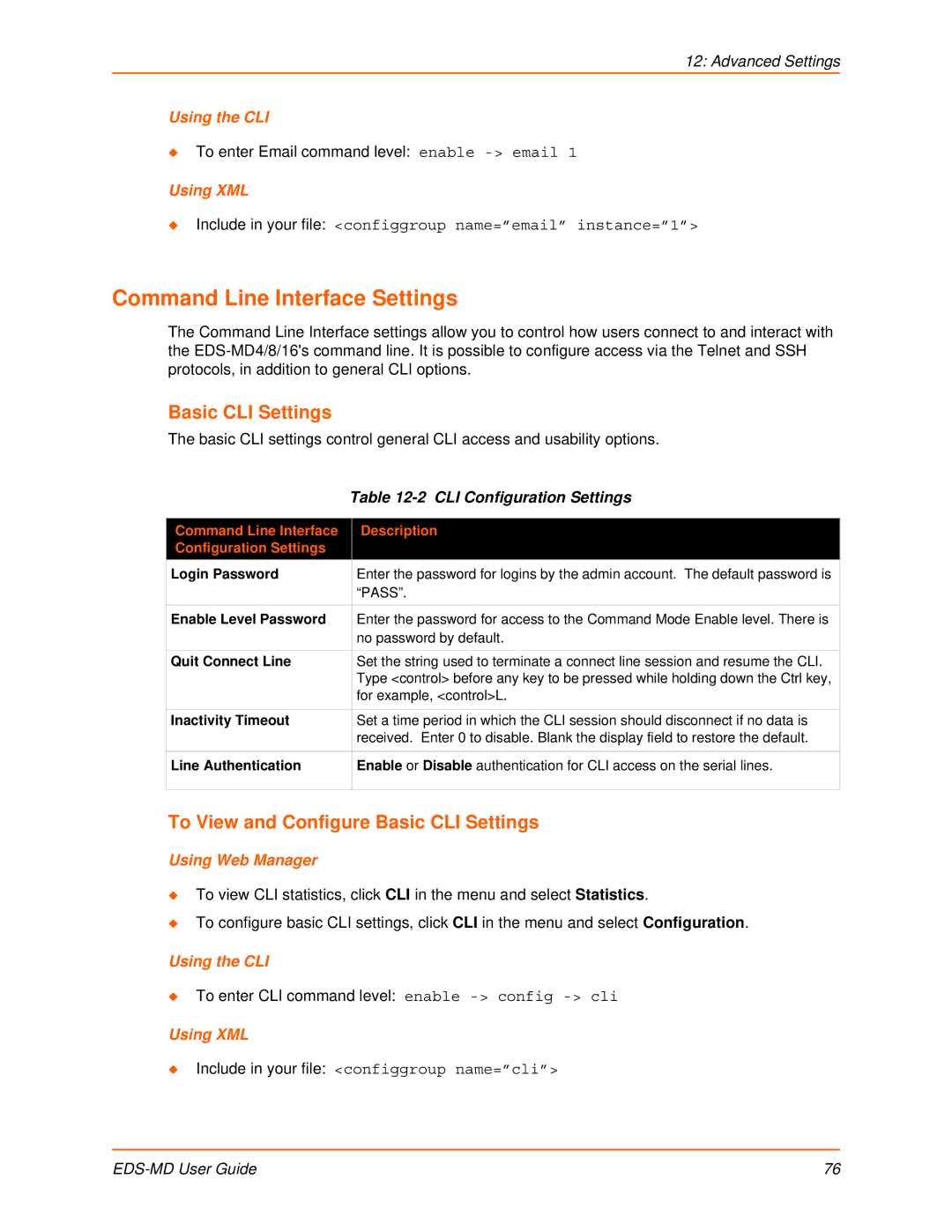 Lantronix EDS-MD16, EDS-MD8, EDS-MD4 manual Command Line Interface Settings, To View and Configure Basic CLI Settings 