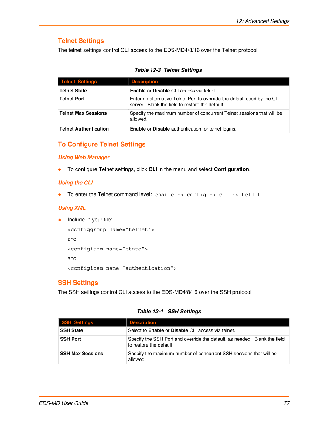 Lantronix EDS-MD4, EDS-MD8, EDS-MD16 manual To Configure Telnet Settings, SSH Settings 