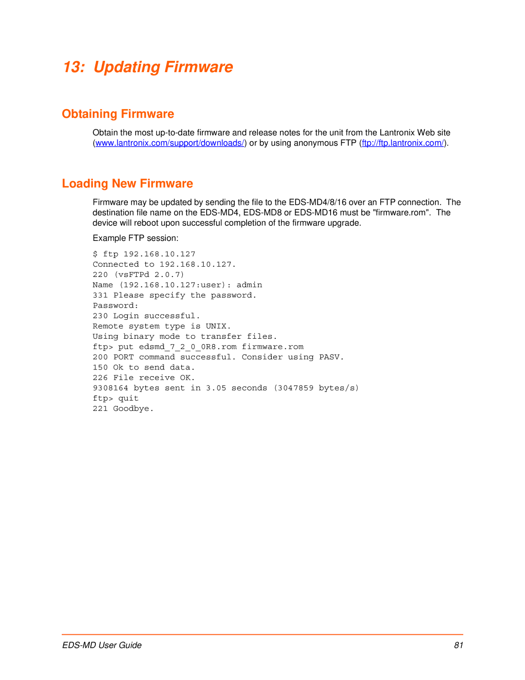 Lantronix EDS-MD8, EDS-MD16, EDS-MD4 manual Updating Firmware, Obtaining Firmware Loading New Firmware 