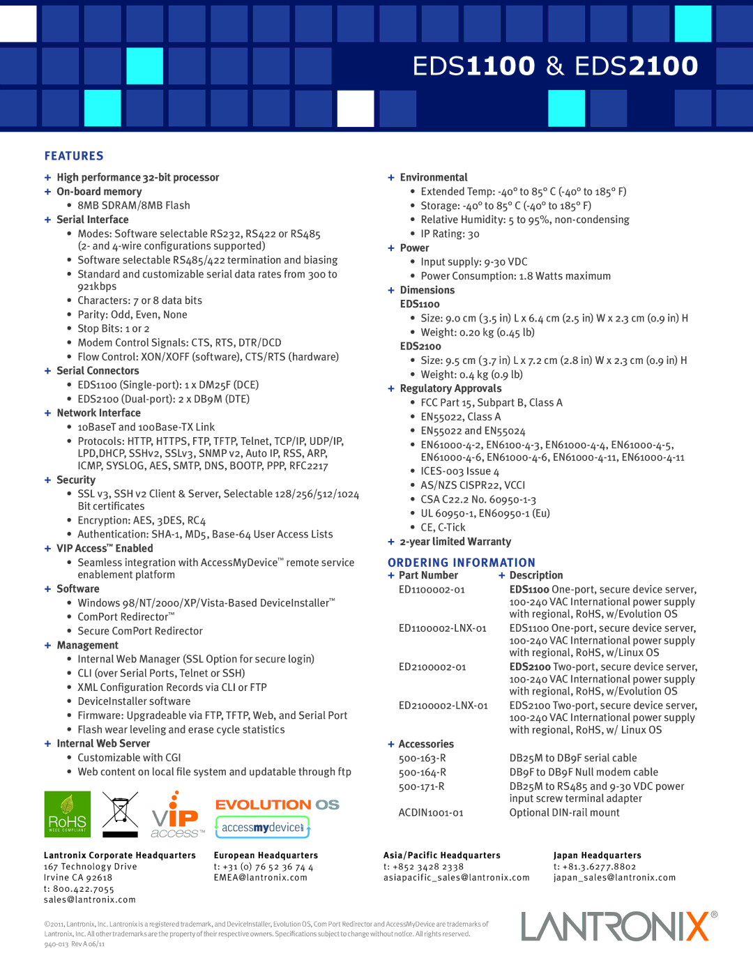Lantronix EDS2100, EDS1100 manual Features, Ordering Information 