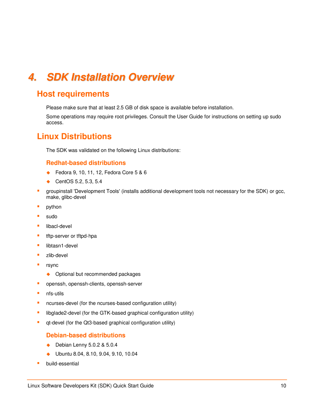 Lantronix EDS2100, EDS1100 SDK Installation Overview, Host requirements, Linux Distributions, Redhat-based distributions 