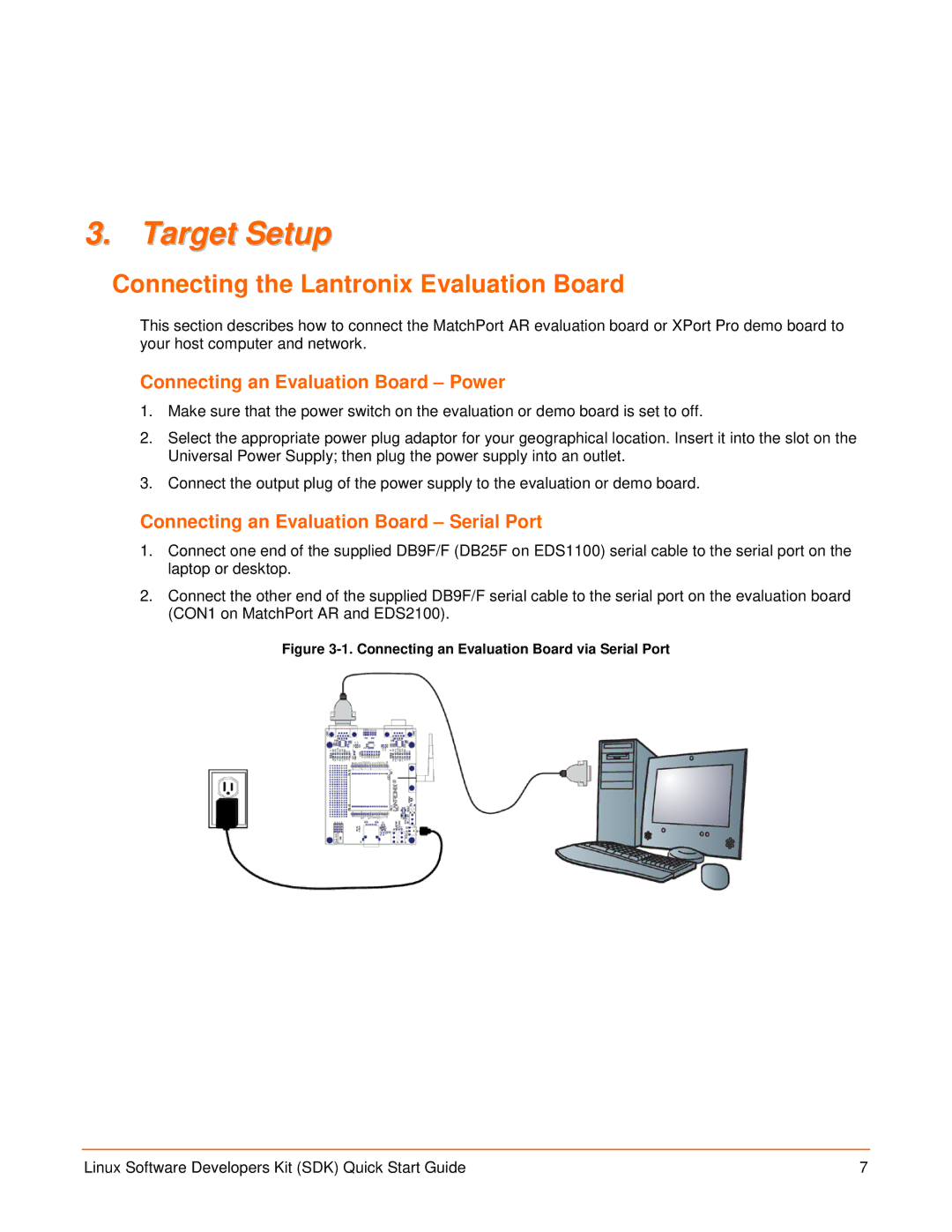 Lantronix EDS1100, EDS2100 Target Setup, Connecting the Lantronix Evaluation Board, Connecting an Evaluation Board Power 